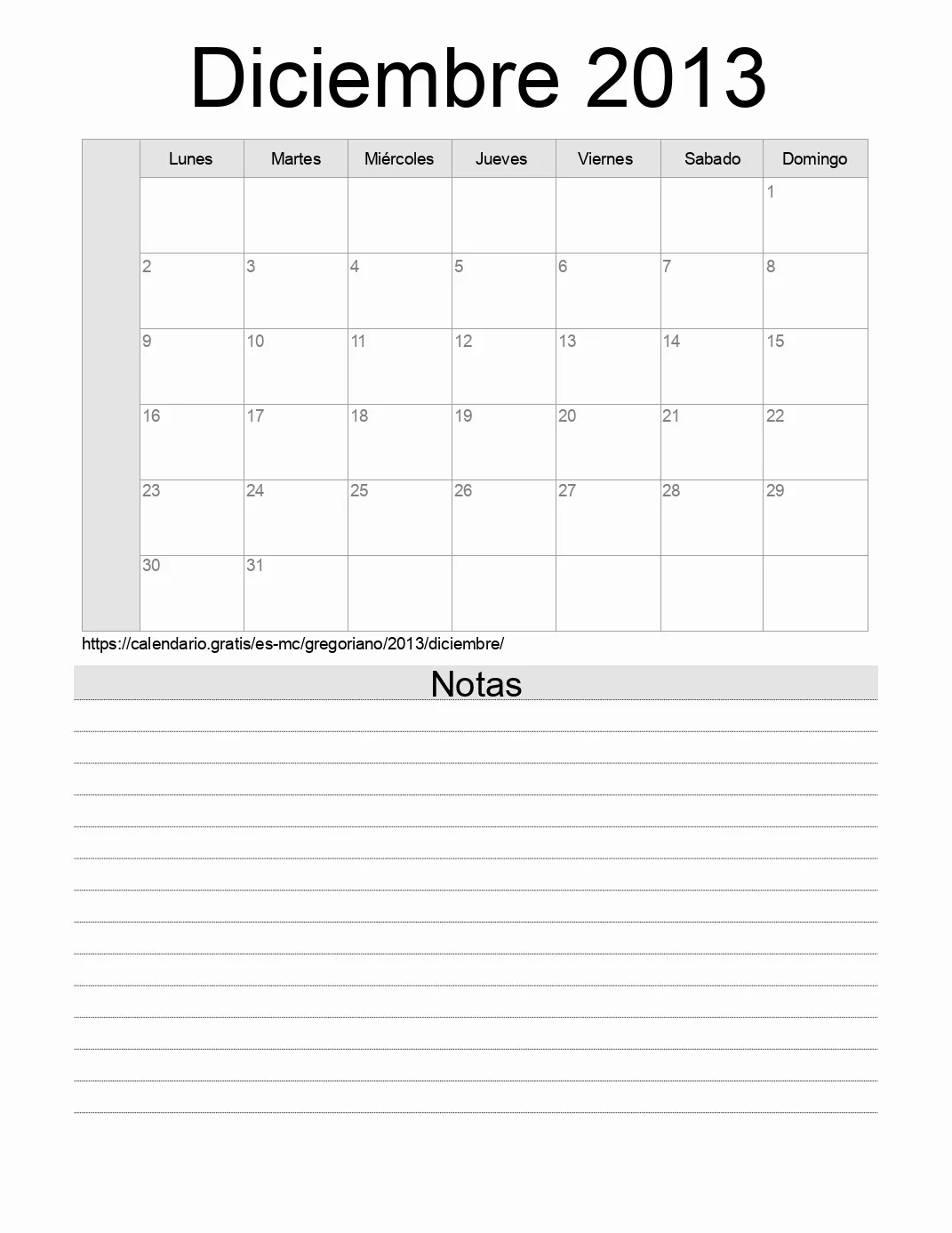 Calendario Diciembre 2013 para imprimir con notas. (Mónaco)