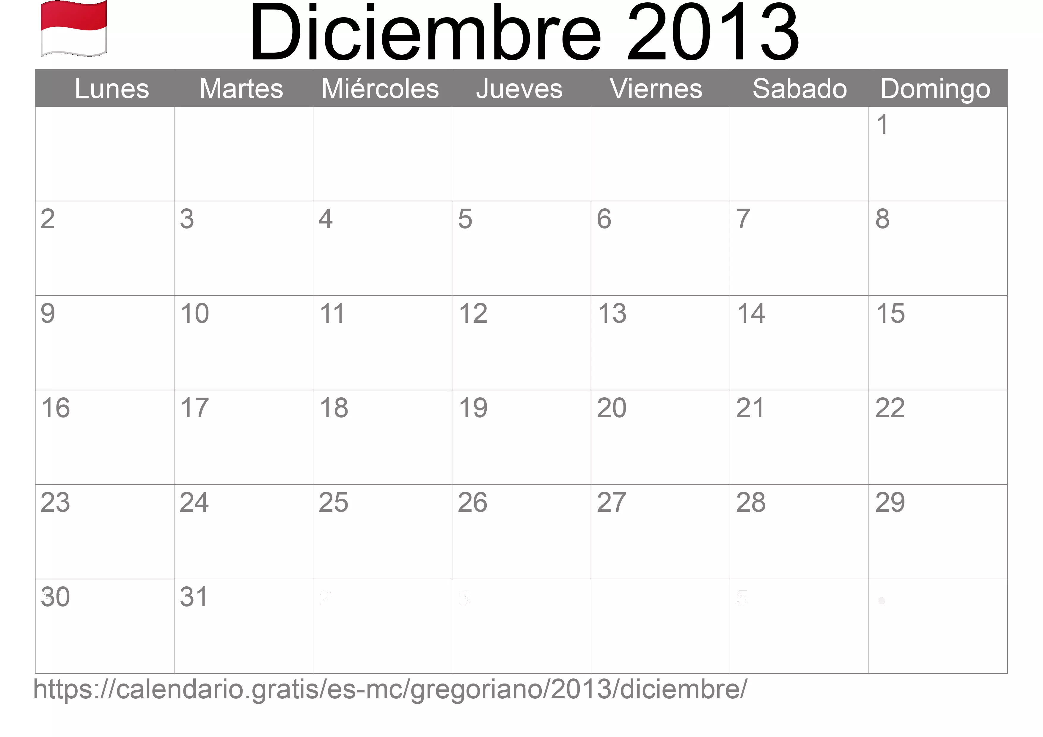 Calendario Diciembre 2013 para imprimir (Mónaco)