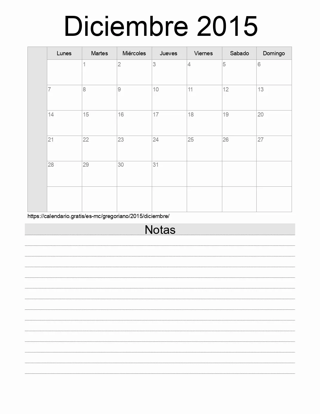 Calendario Diciembre 2015 para imprimir con notas. (Mónaco)