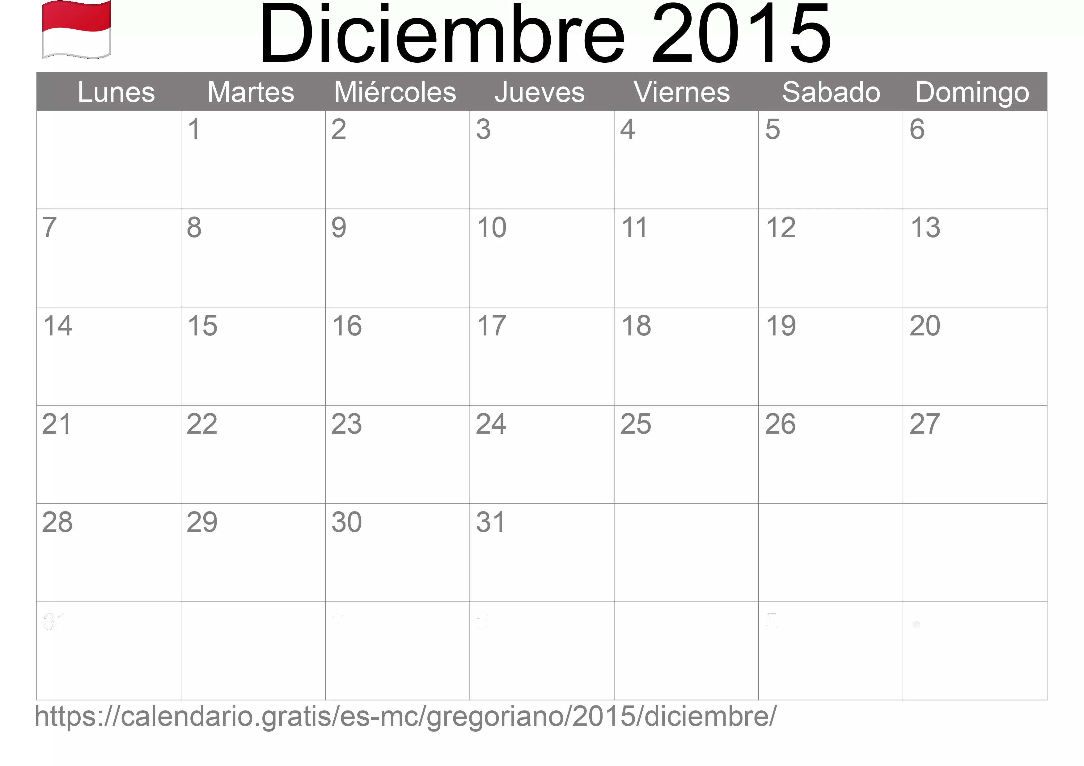 Calendario Diciembre 2015 para imprimir (Mónaco)