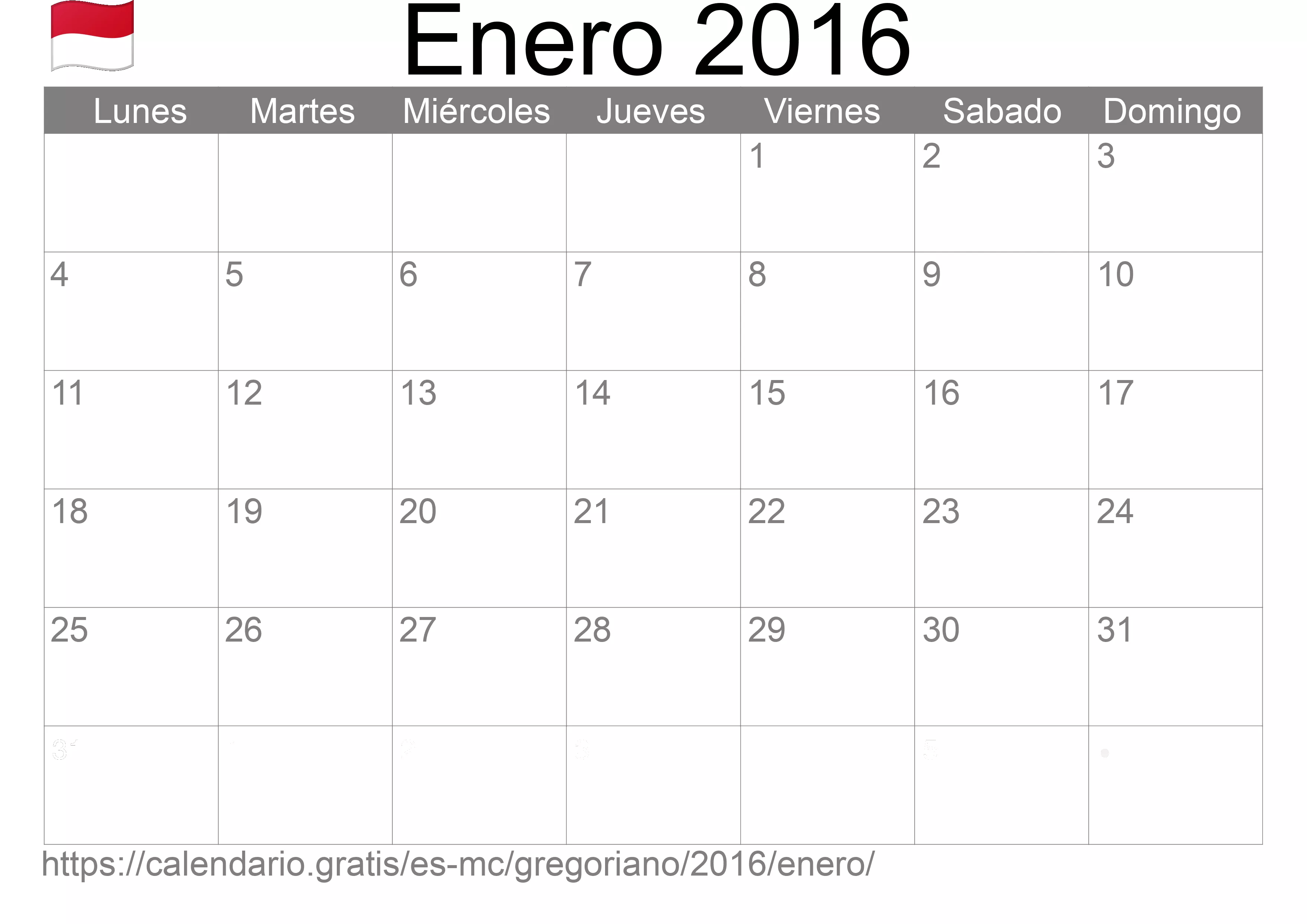 Calendario Enero 2016 para imprimir (Mónaco)