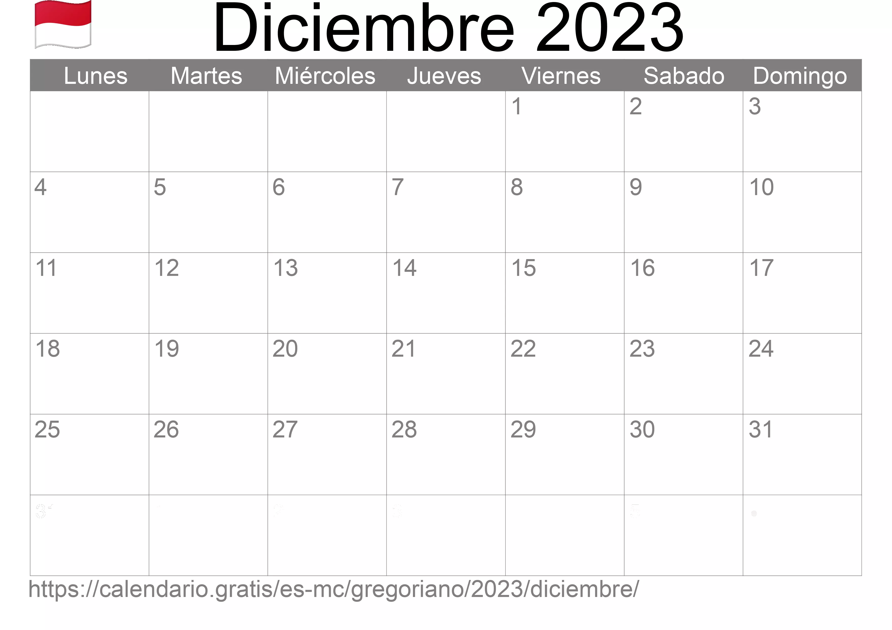 Calendario Diciembre 2023 para imprimir (Mónaco)