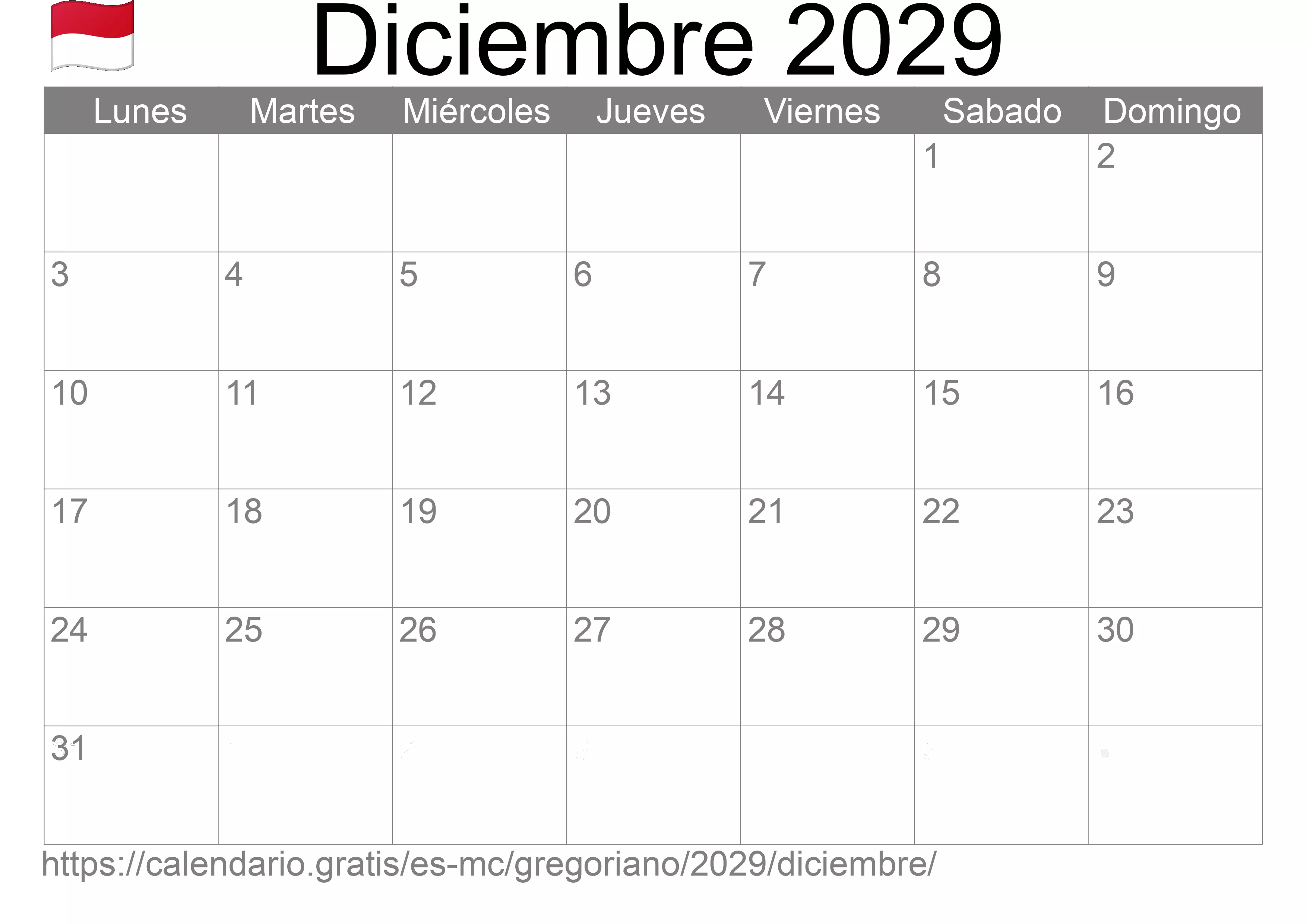 Calendario Diciembre 2029 para imprimir (Mónaco)