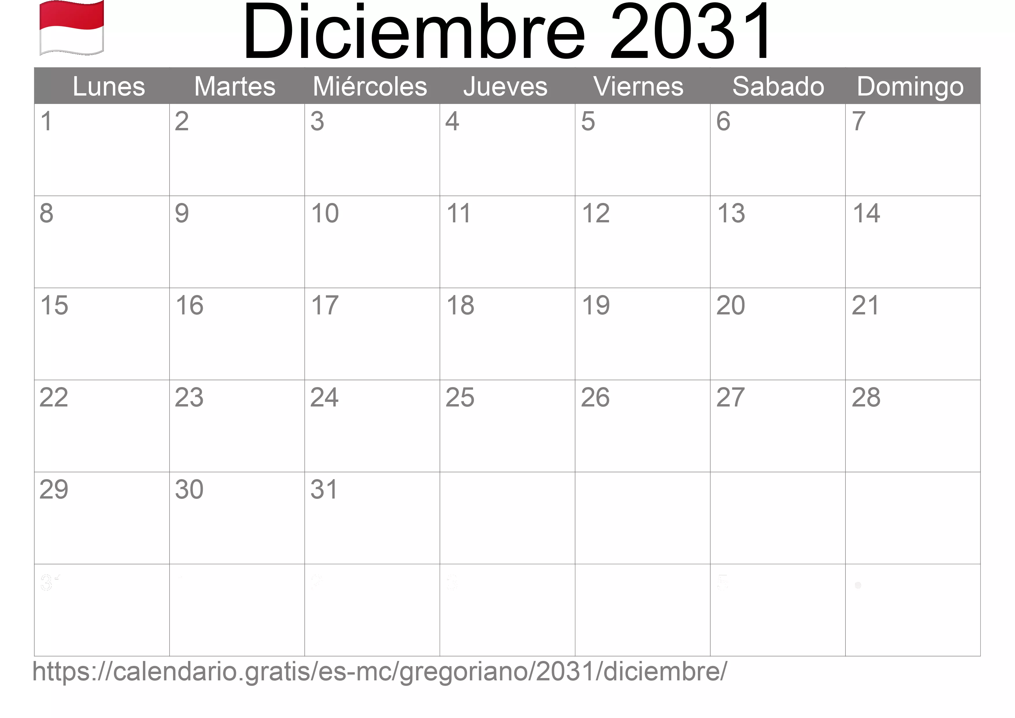 Calendario Diciembre 2031 para imprimir (Mónaco)