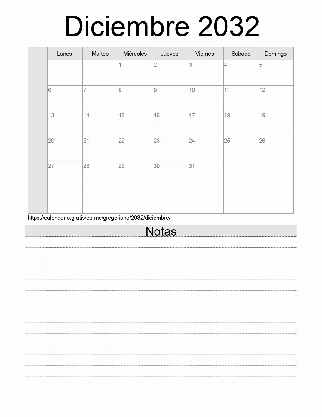 Calendario Diciembre 2032 para imprimir con notas. (Mónaco)