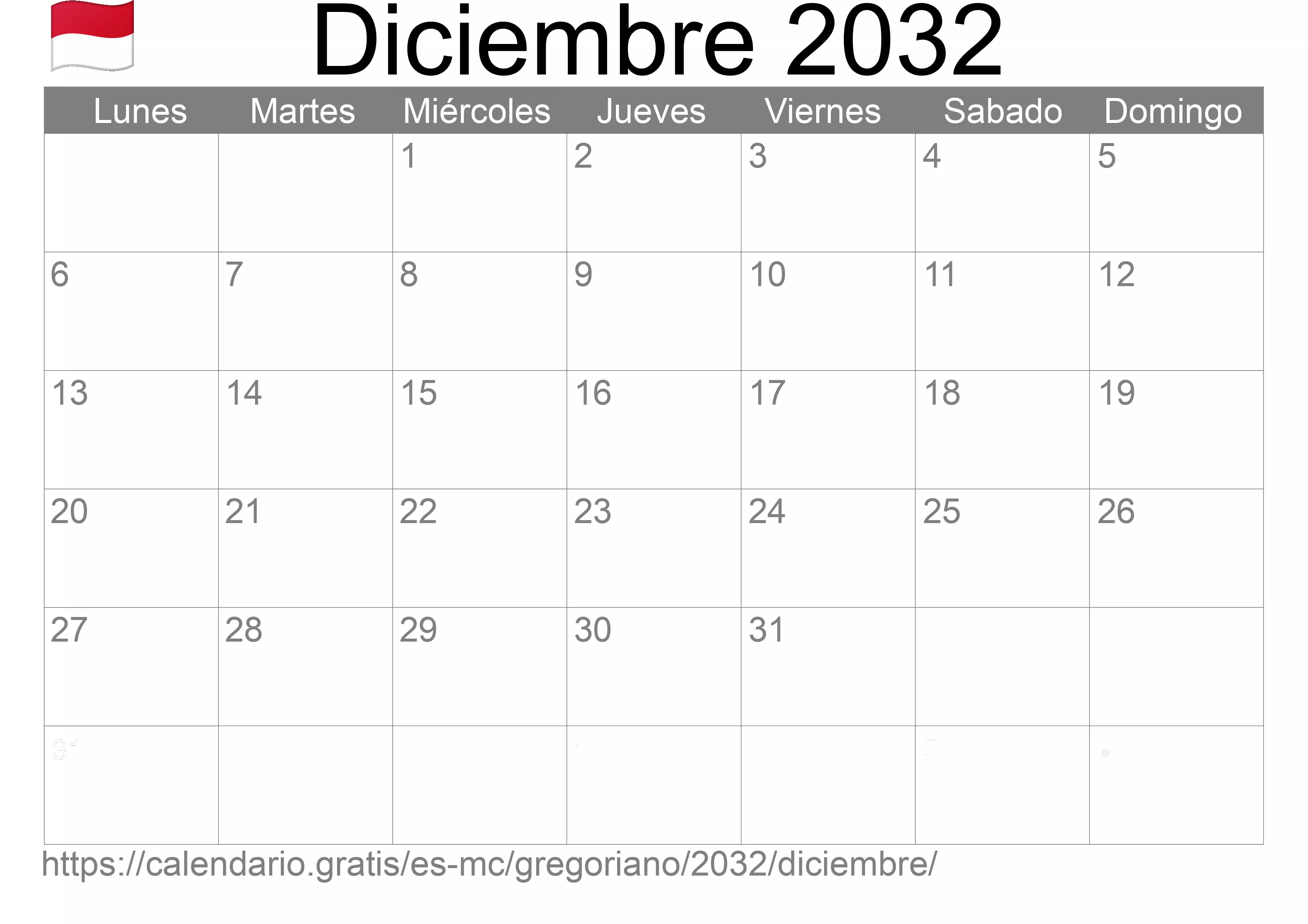 Calendario Diciembre 2032 para imprimir (Mónaco)