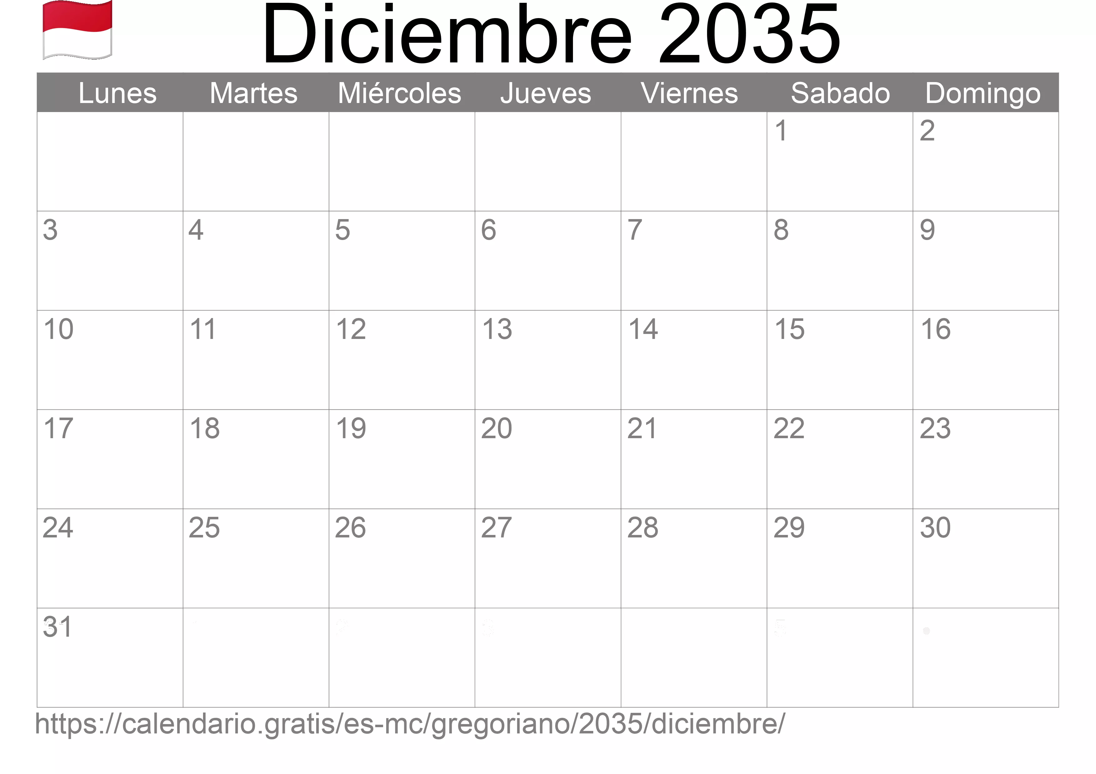 Calendario Diciembre 2035 para imprimir (Mónaco)