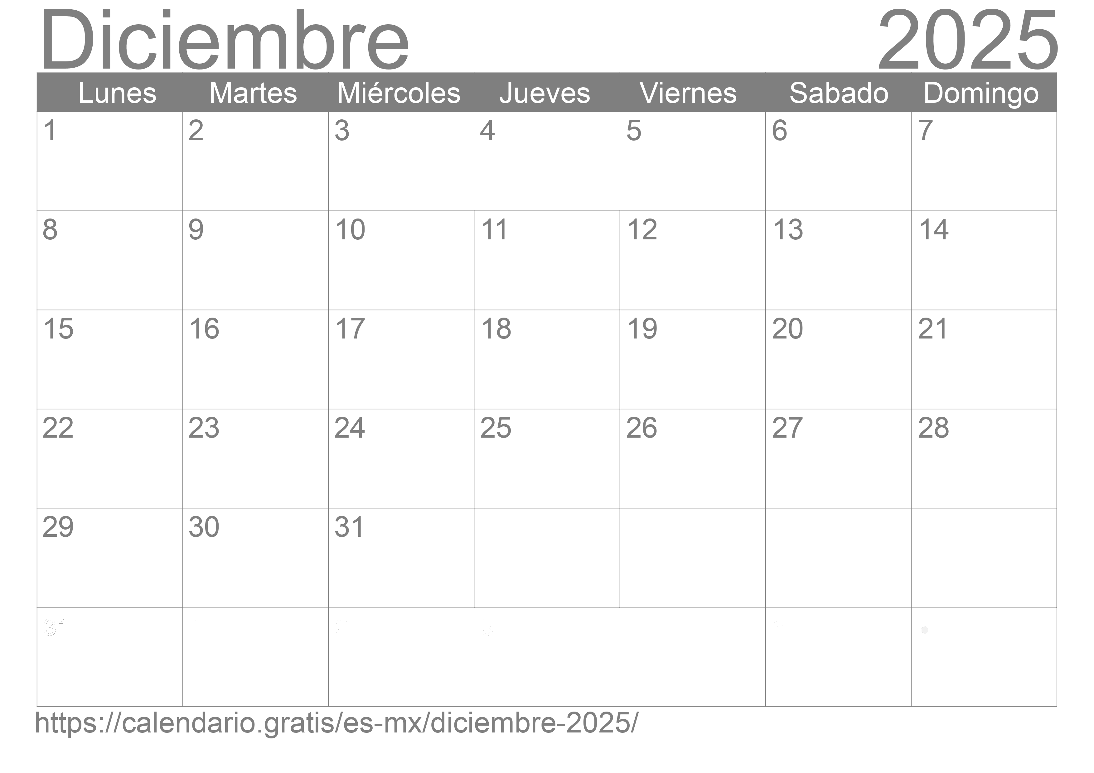 Calendario Diciembre 2025 de México en español ☑️ Calendario.Gratis