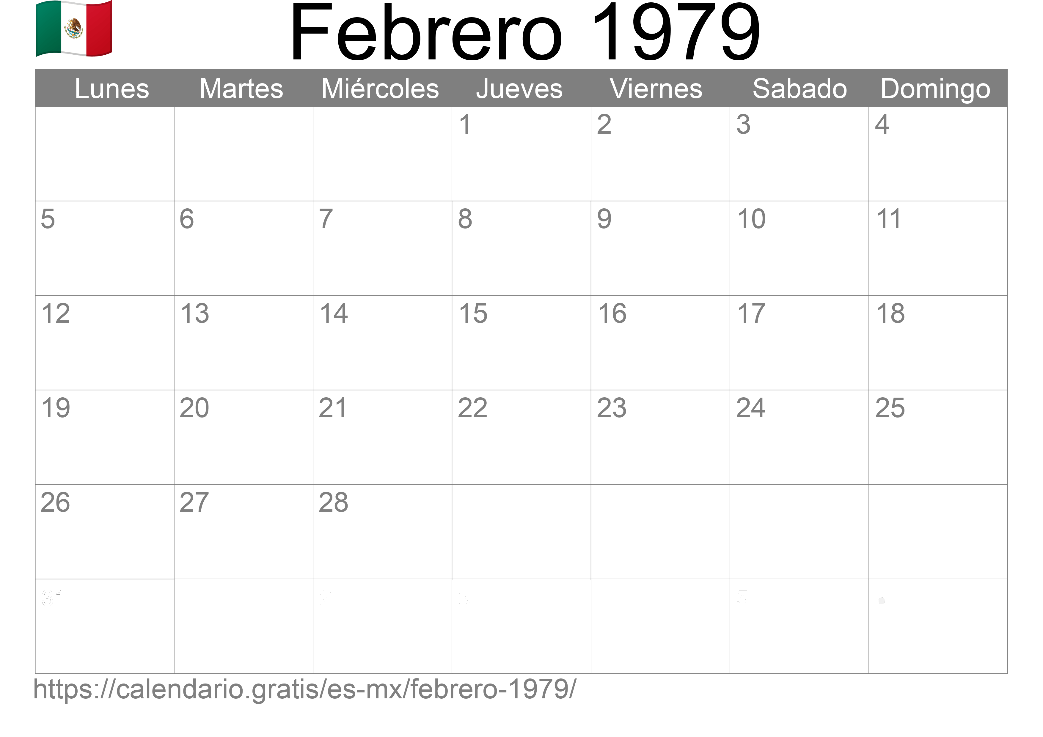 Calendario Febrero 1979 de México en español ☑️ Calendario.Gratis