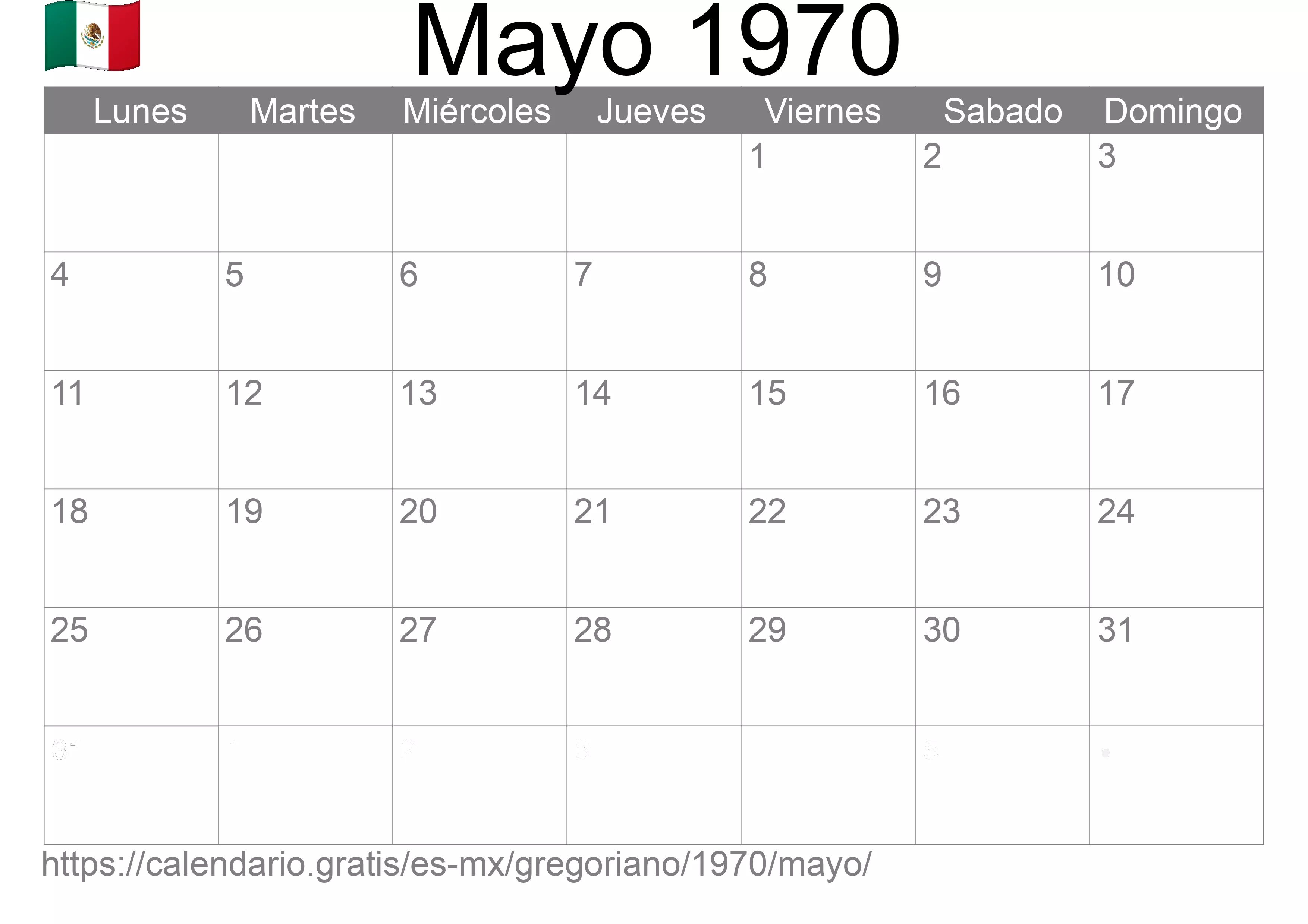 Calendario Mayo 1970 para imprimir (México)