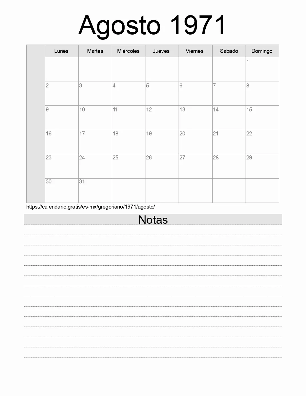 Calendario Agosto 1971 para imprimir con notas. (México)