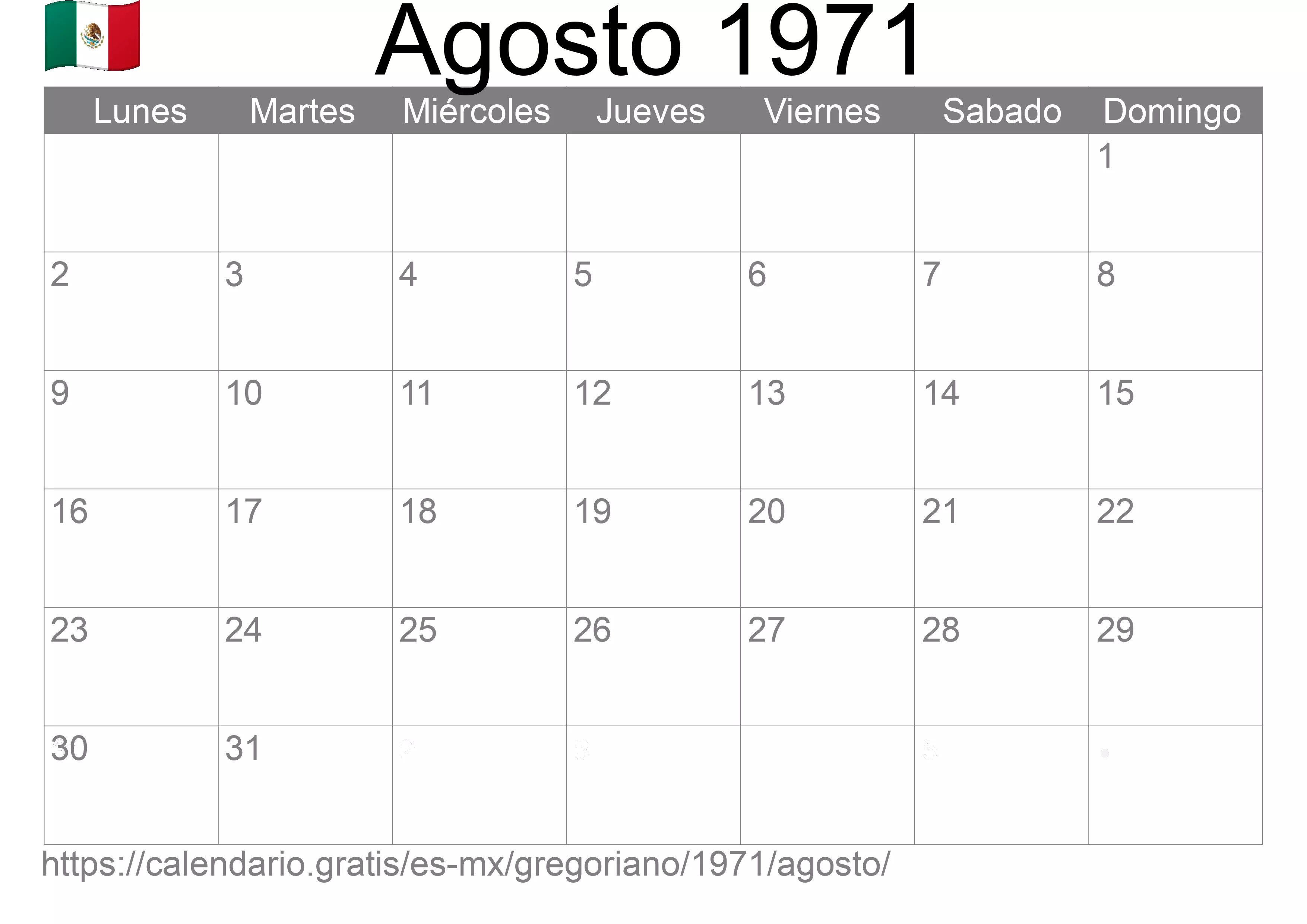 Calendario Agosto 1971 para imprimir (México)