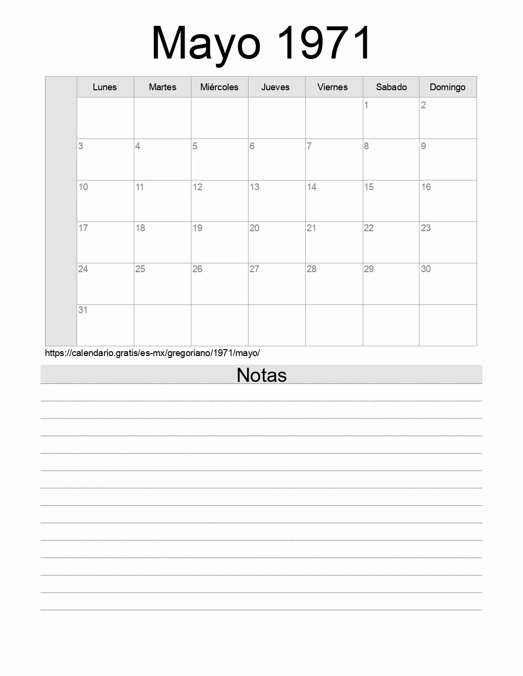 Calendario Mayo 1971 para imprimir con notas. (México)