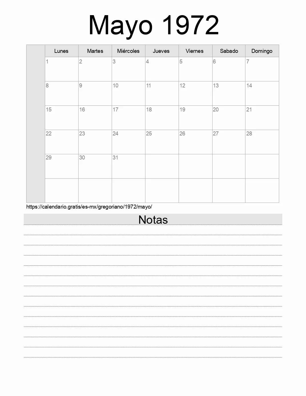 Calendario Mayo 1972 para imprimir con notas. (México)