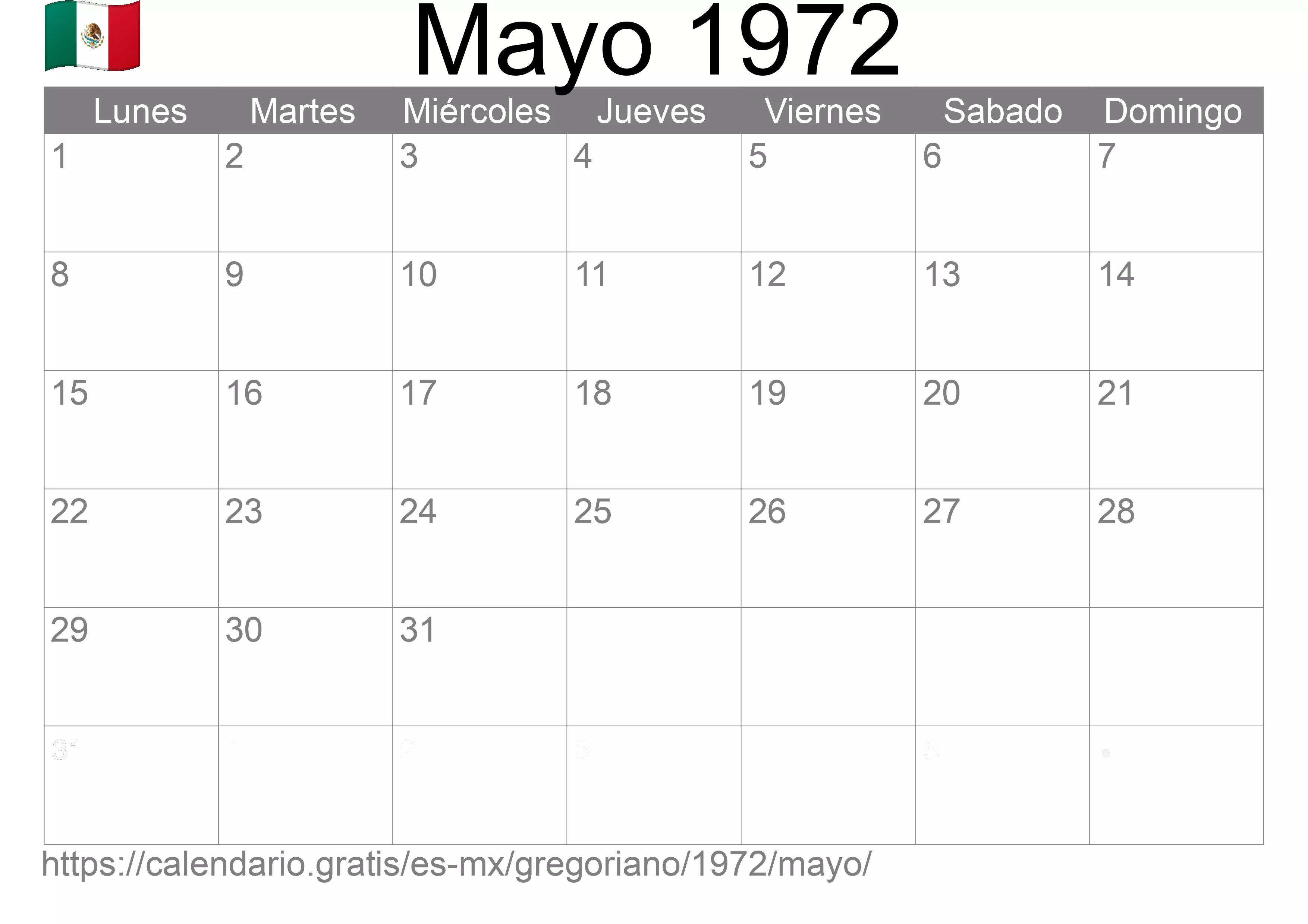 Calendario Mayo 1972 para imprimir (México)