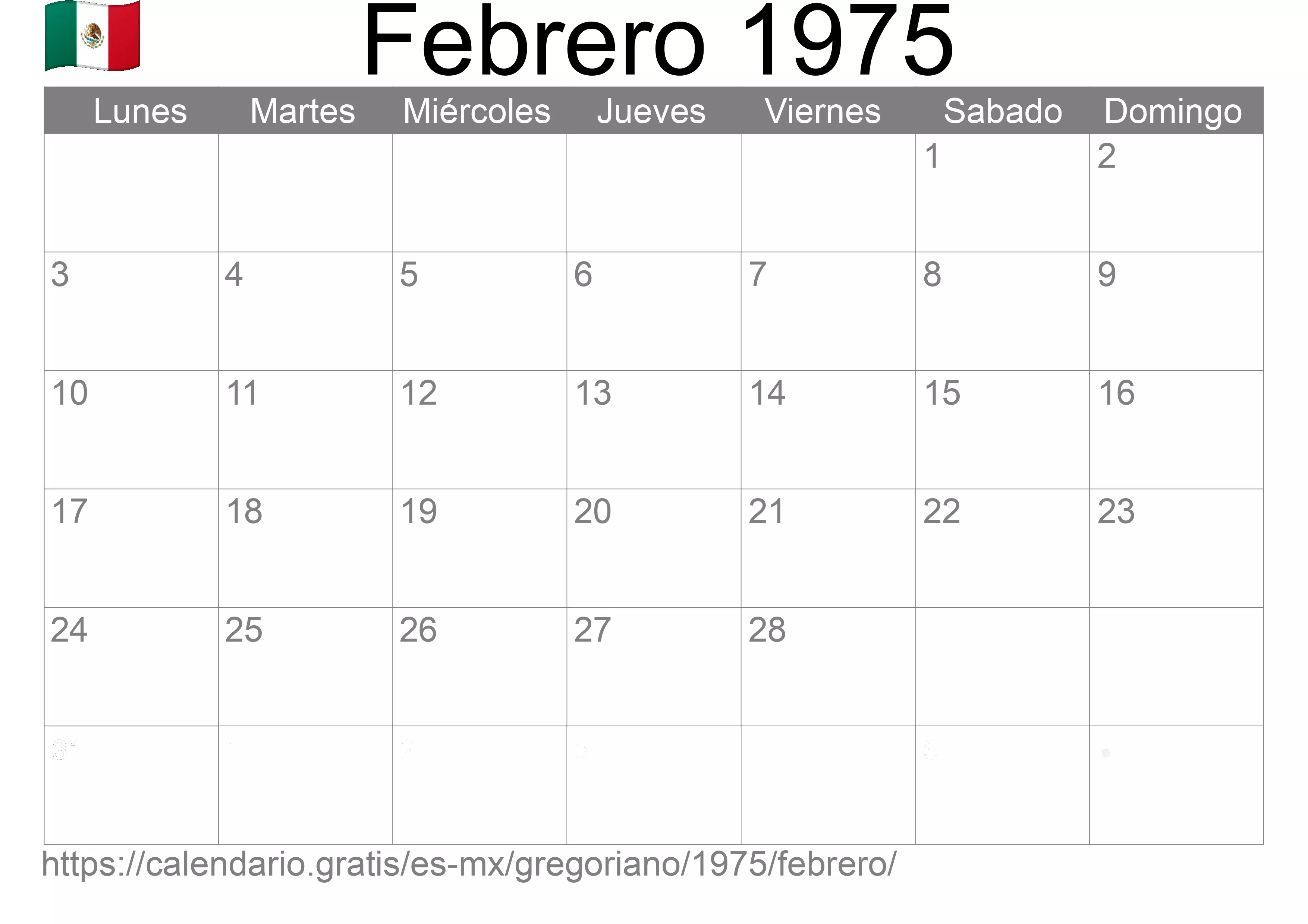 Calendario Febrero 1975 para imprimir (México)
