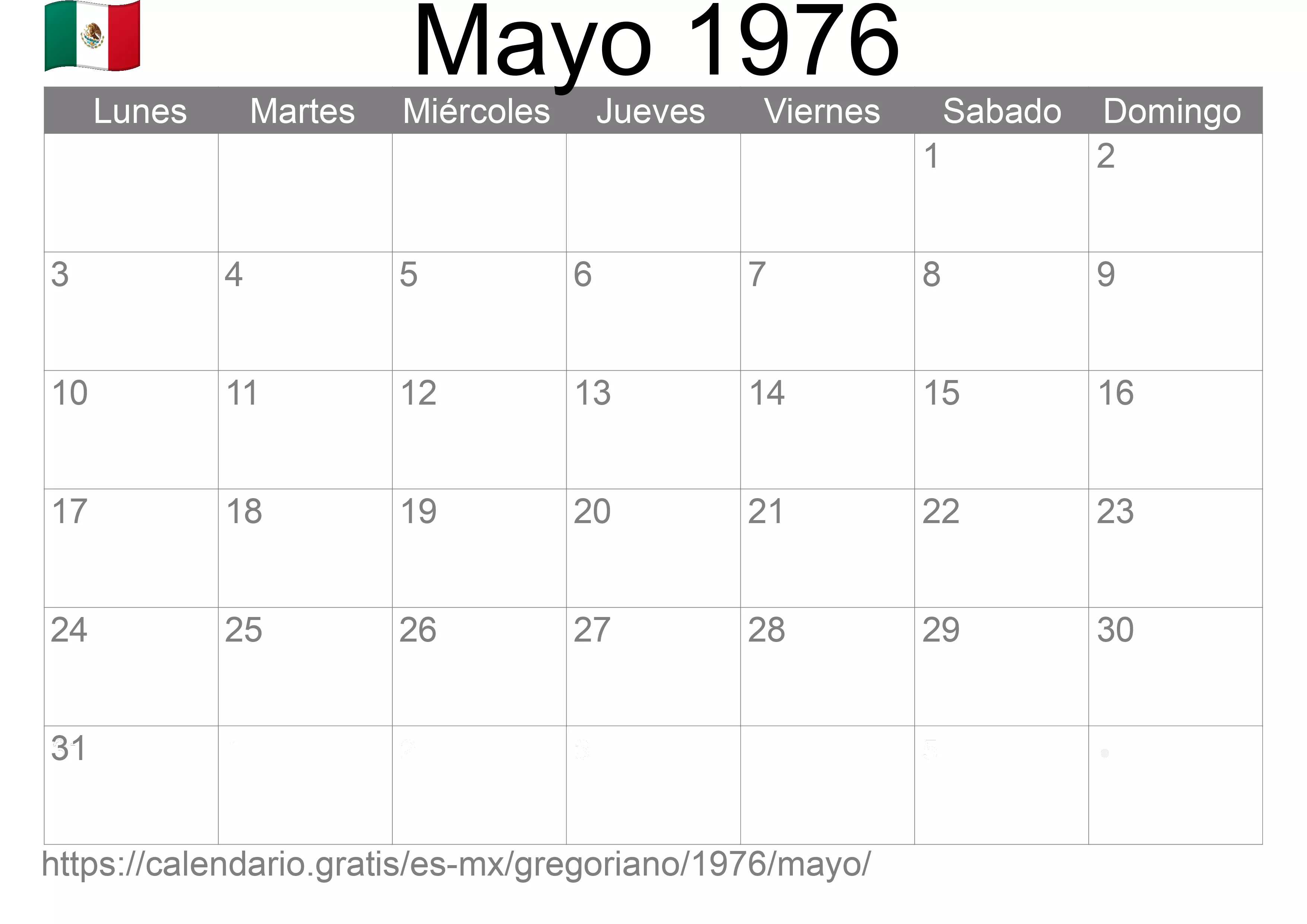 Calendario Mayo 1976 para imprimir (México)