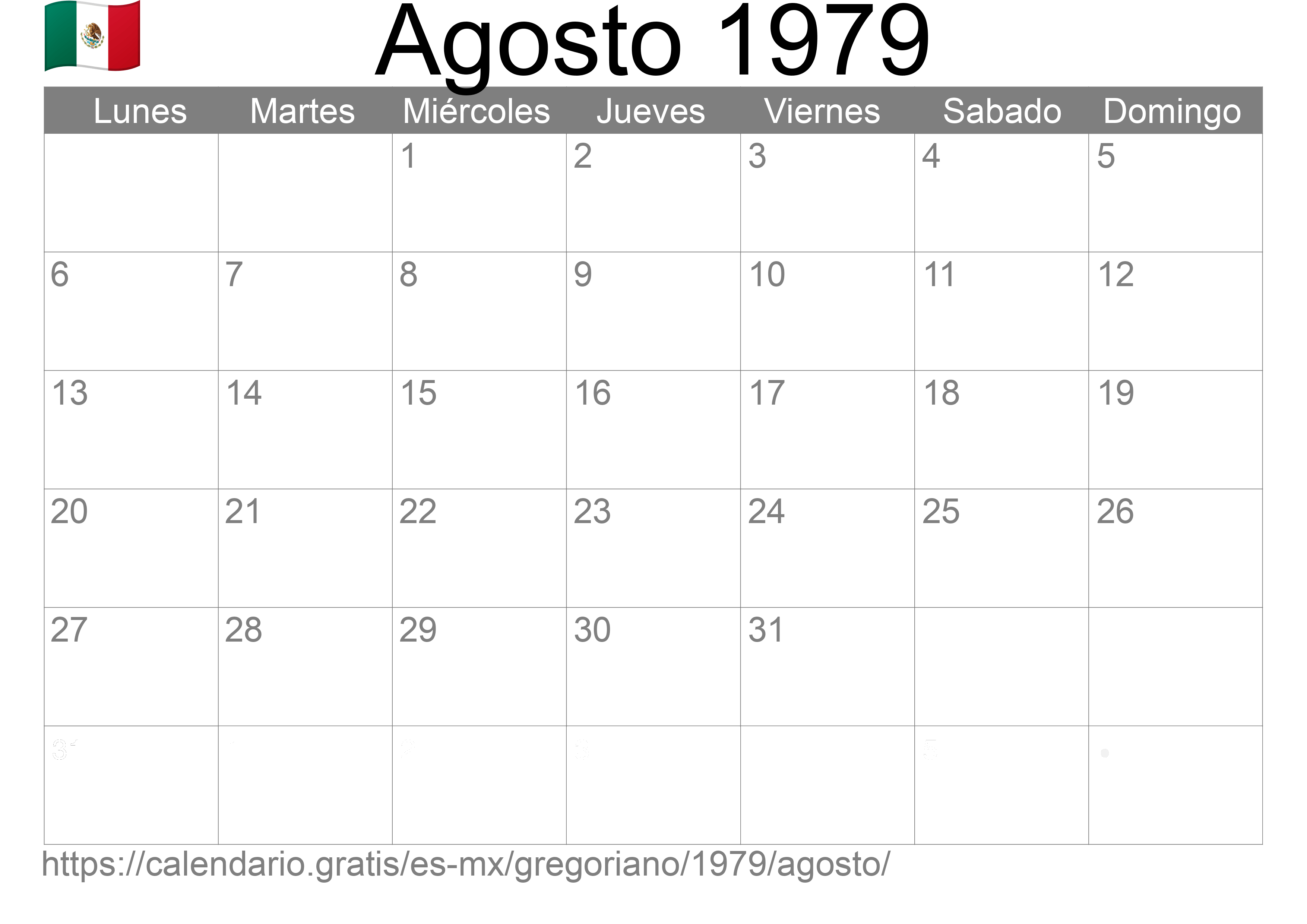 Calendario Agosto 1979 para imprimir