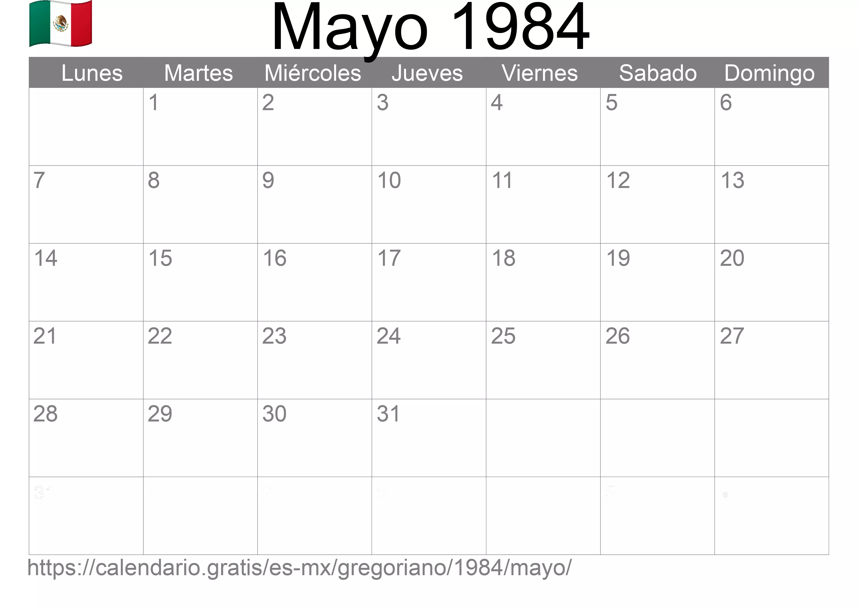 Calendario Mayo 1984 para imprimir (México)