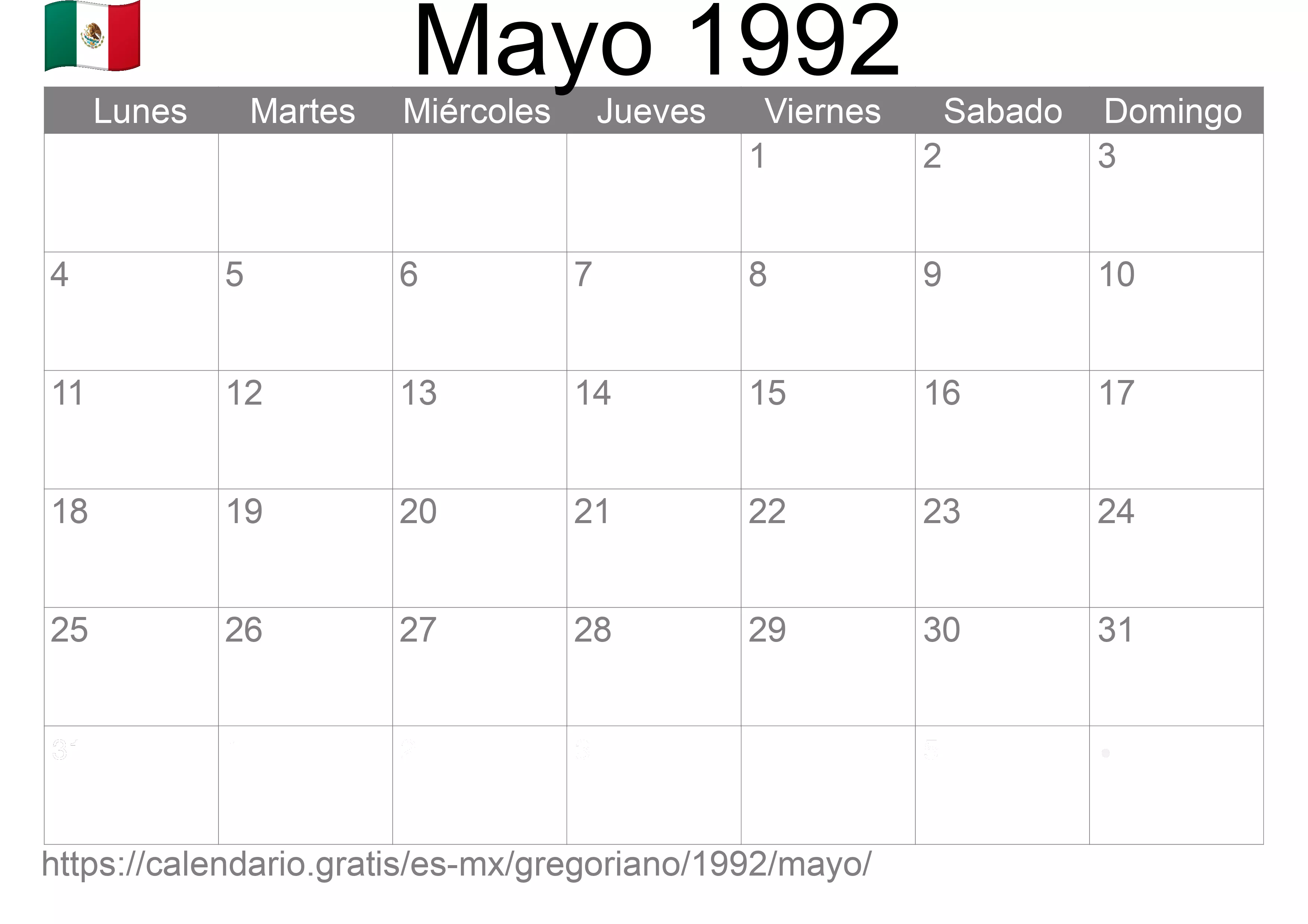 Calendario Mayo 1992 para imprimir (México)