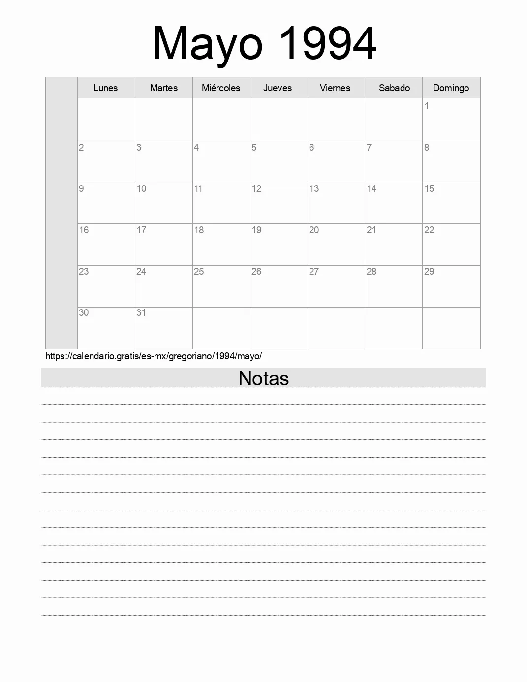 Calendario Mayo 1994 para imprimir con notas. (México)