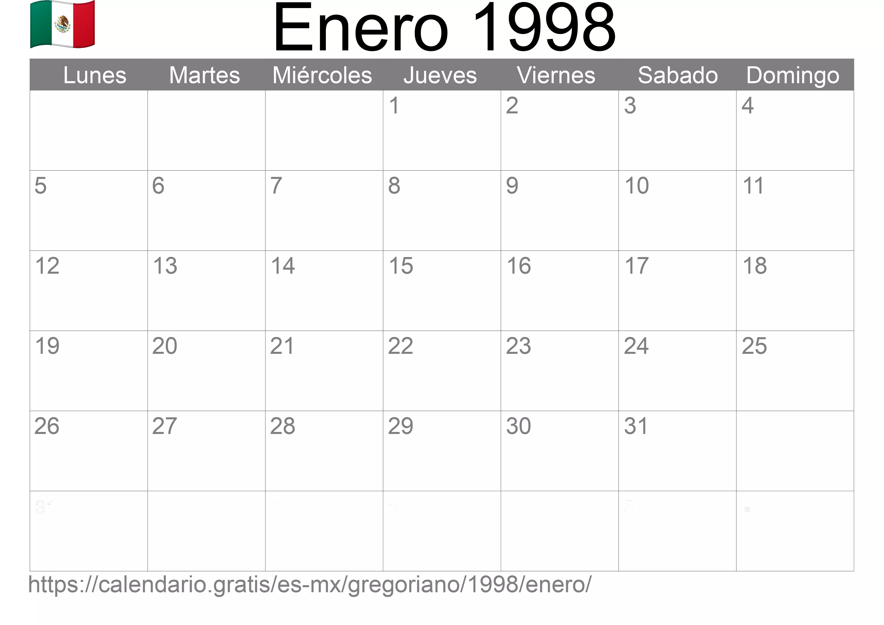 Calendario Enero 1998 para imprimir (México)