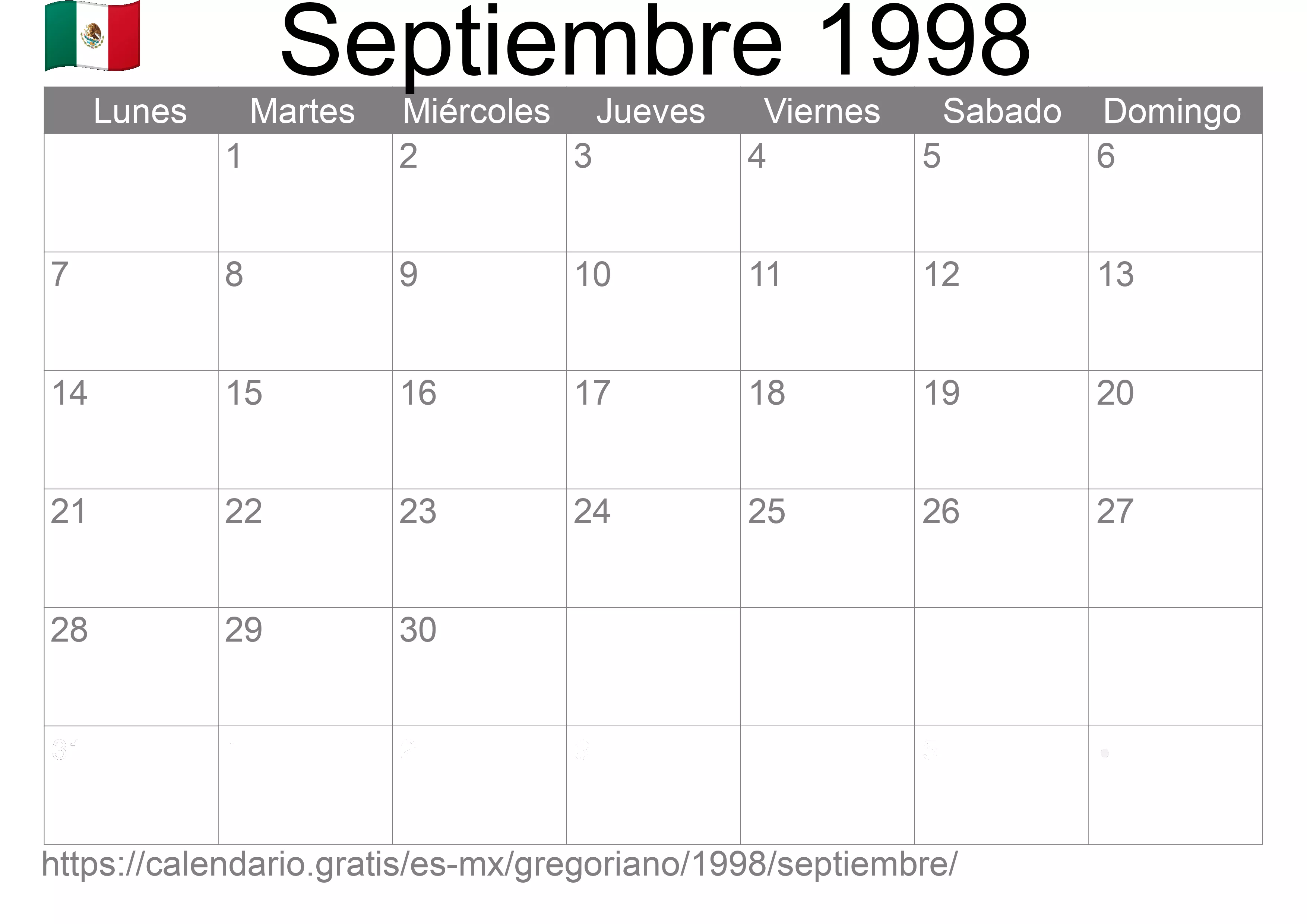 Calendario Septiembre 1998 para imprimir (México)