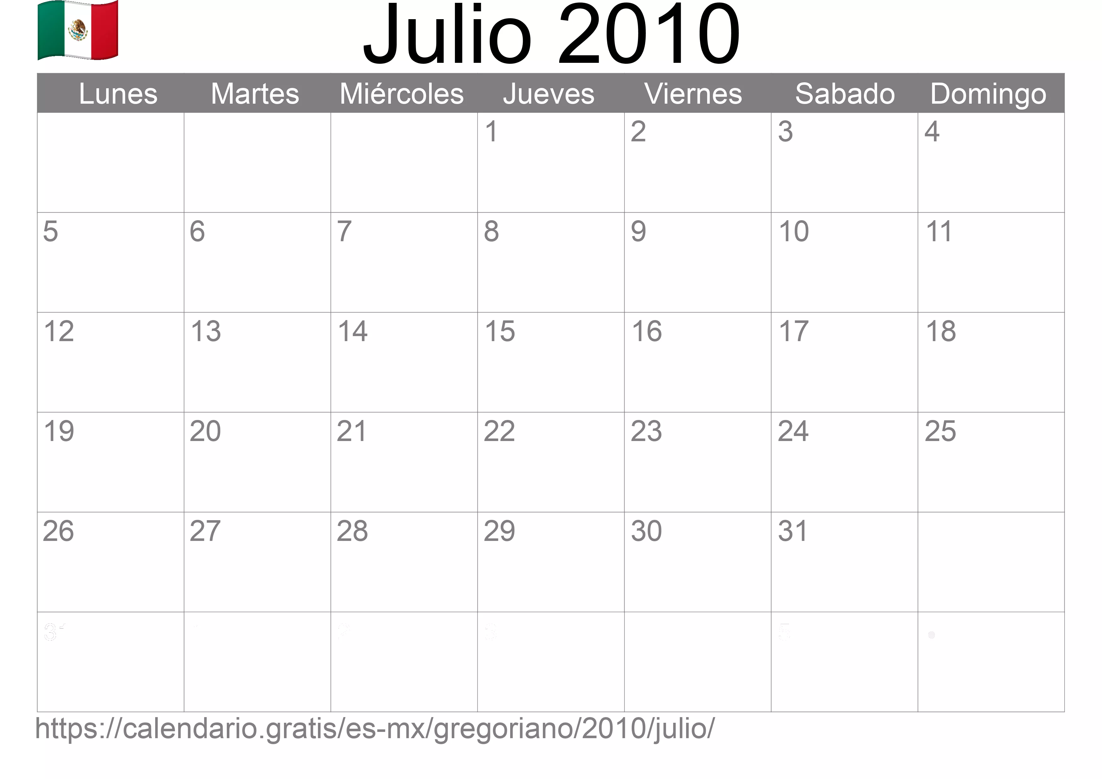 Calendario Julio 2010 para imprimir (México)