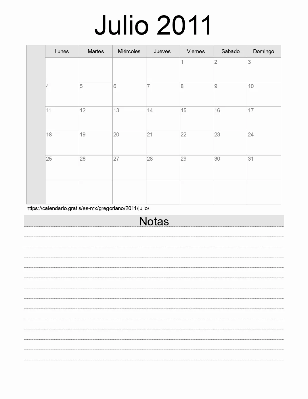 Calendario Julio 2011 para imprimir con notas. (México) Calendario Julio 2011 para imprimir con notas. (México)