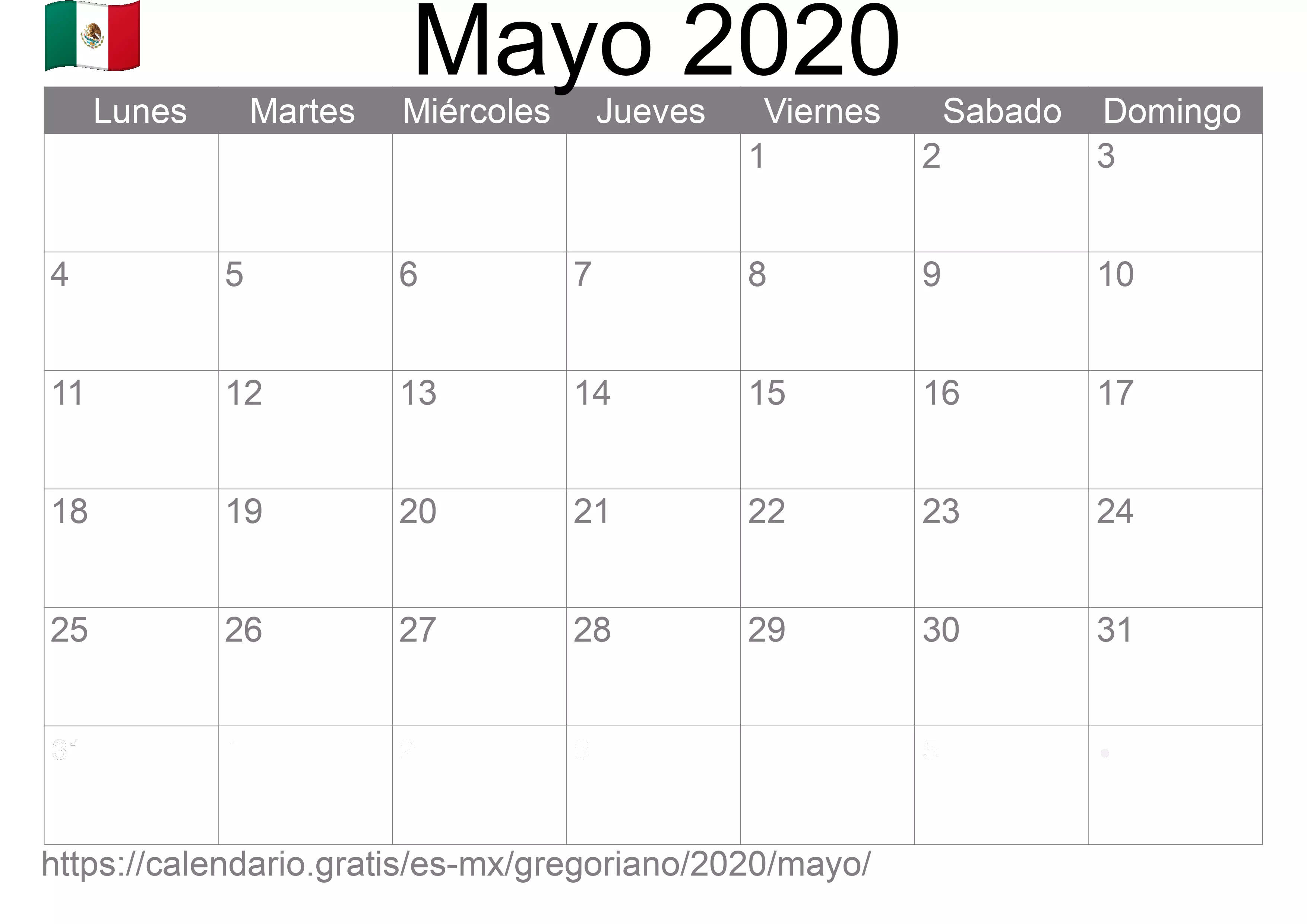 Calendario Mayo 2020 para imprimir (México)