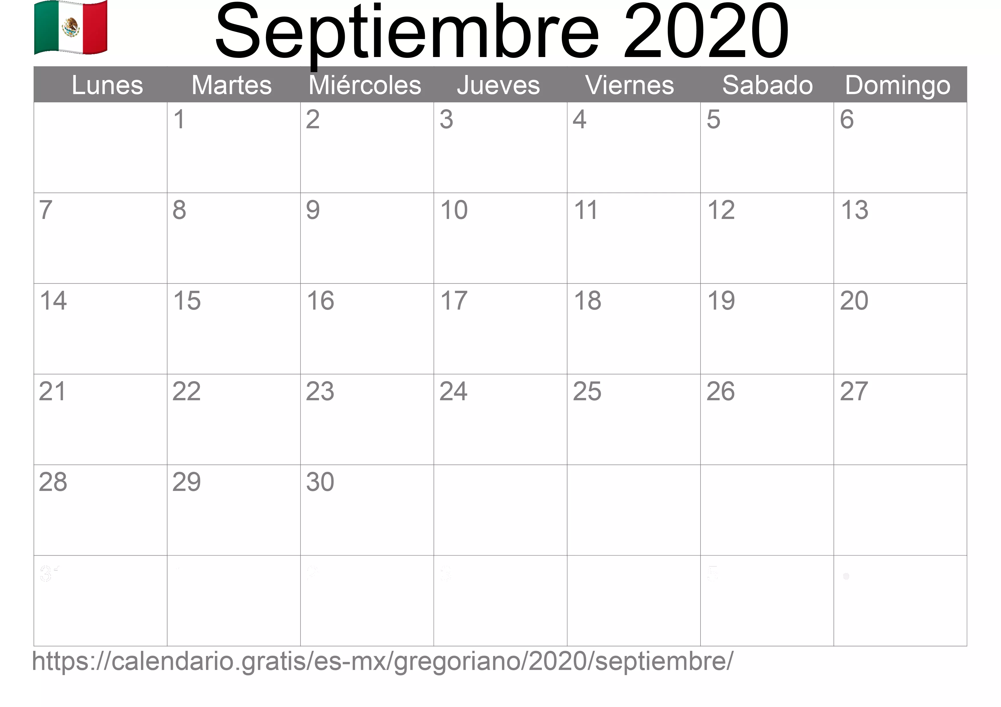 Calendario Septiembre 2020 para imprimir (México)