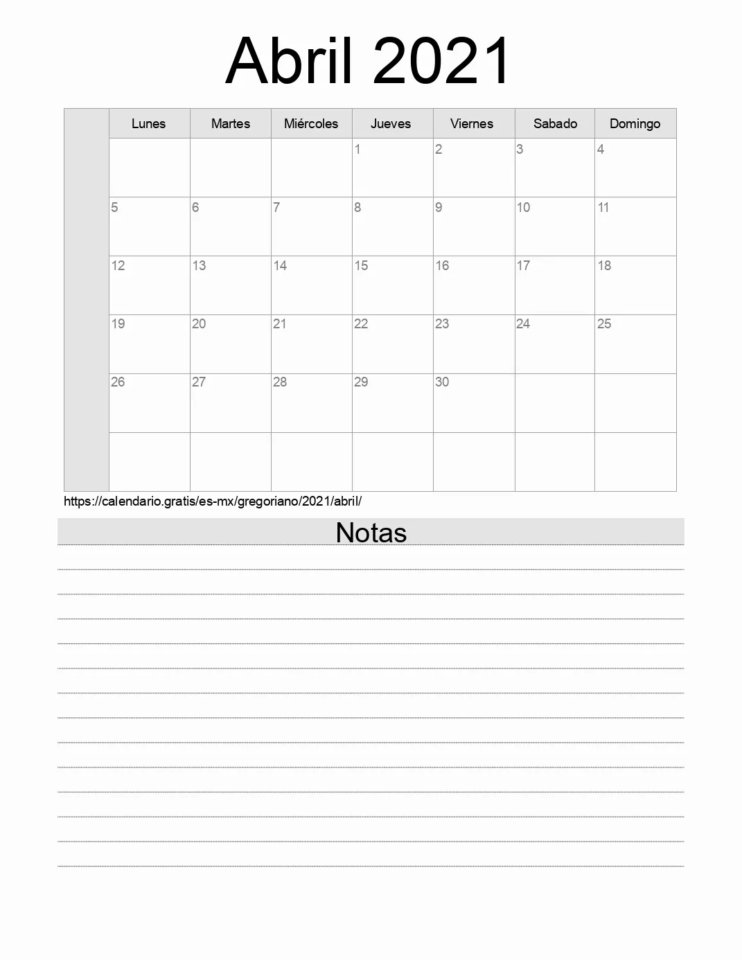 Calendario Abril 2021 para imprimir con notas. (México)