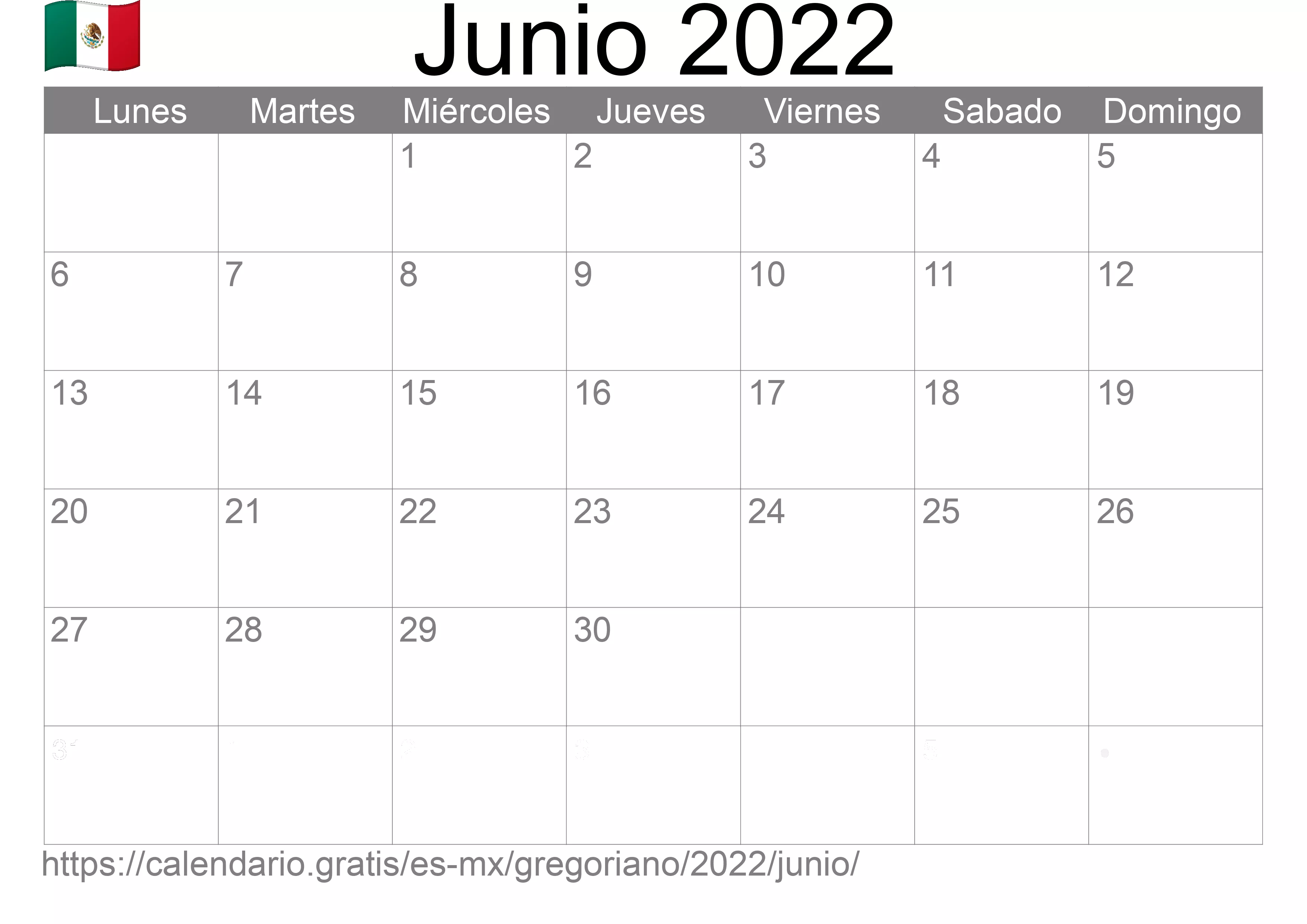 Calendario Junio 2022 para imprimir (México)