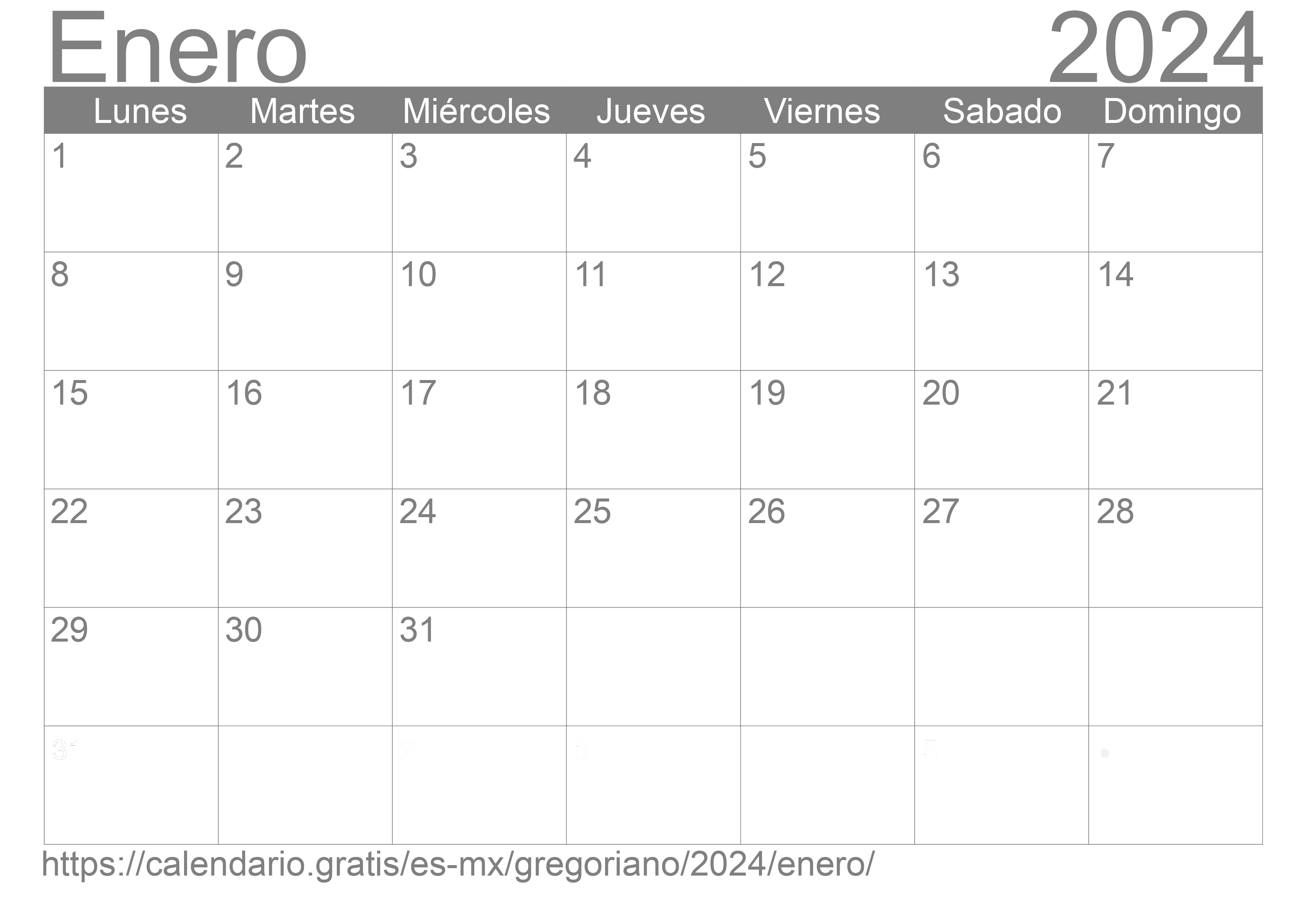 Calendario Enero 2024 de México en español Festivos y fase lunar