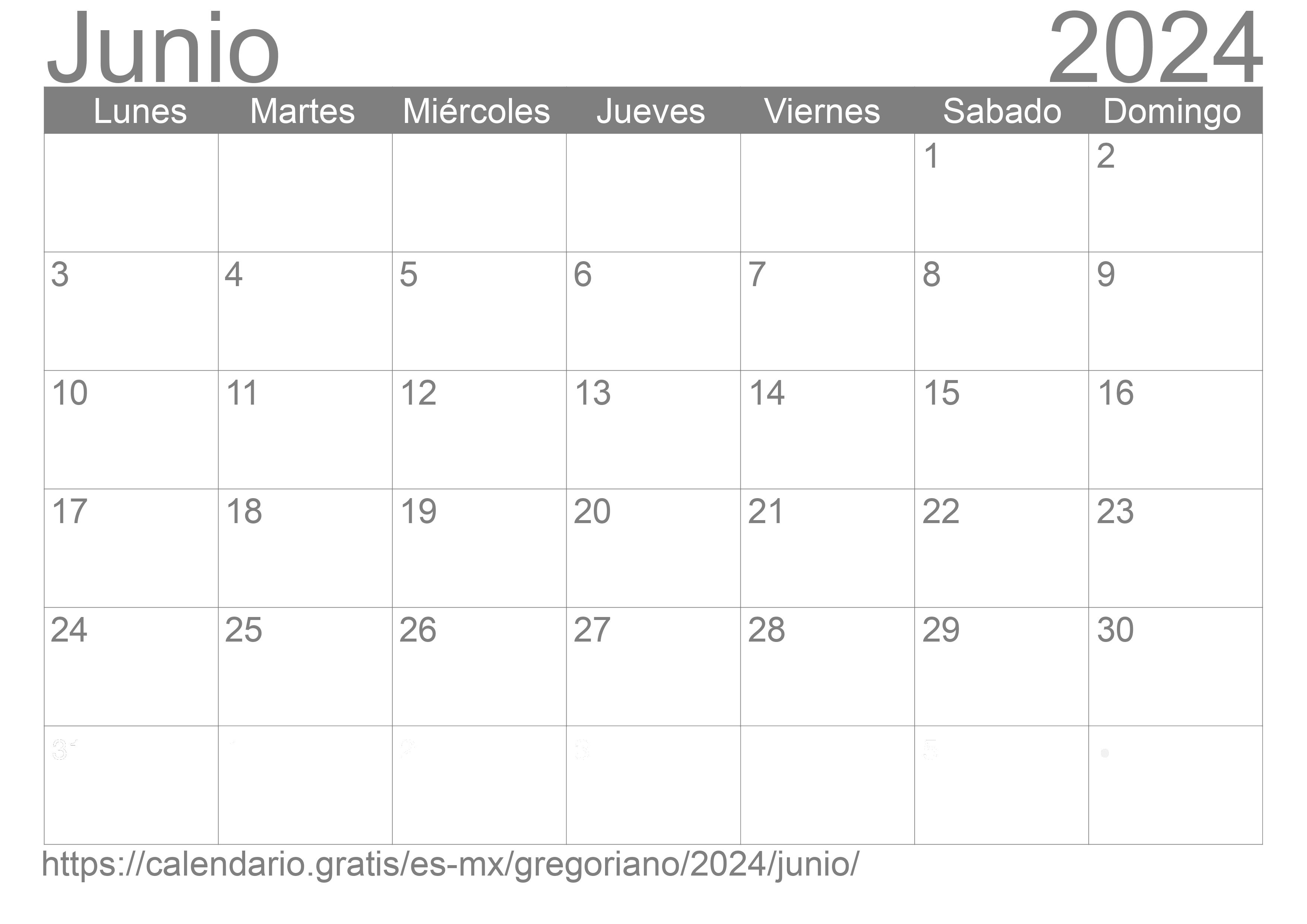 Calendario Junio 2024 de México en español Festivos y fase lunar