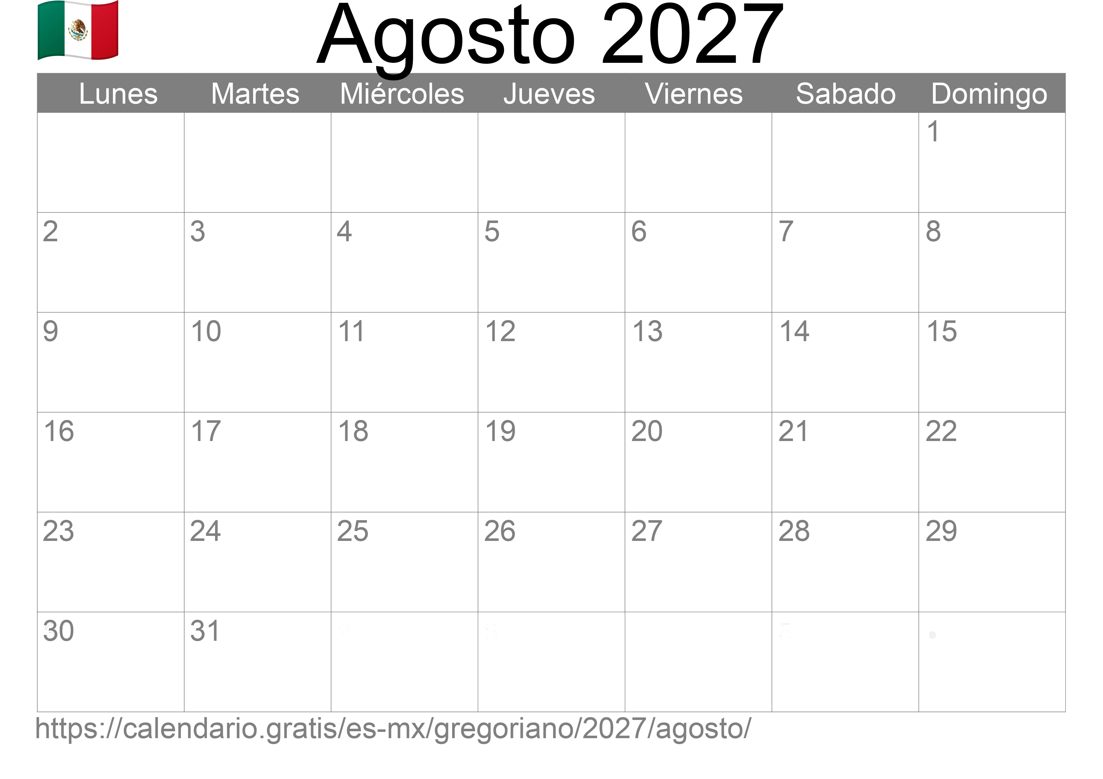 Calendario Agosto 2027 para imprimir