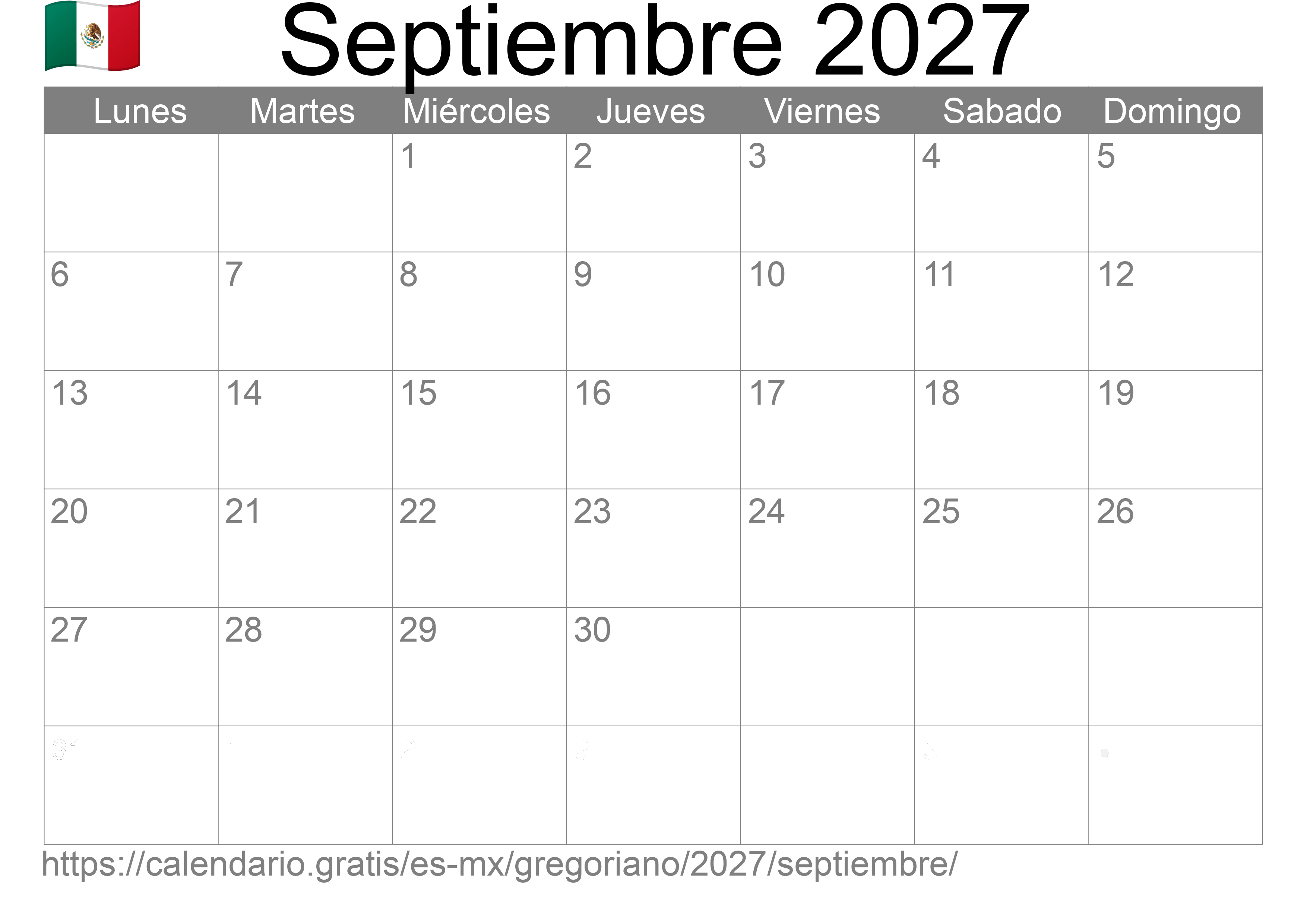 Calendario Septiembre 2027 para imprimir