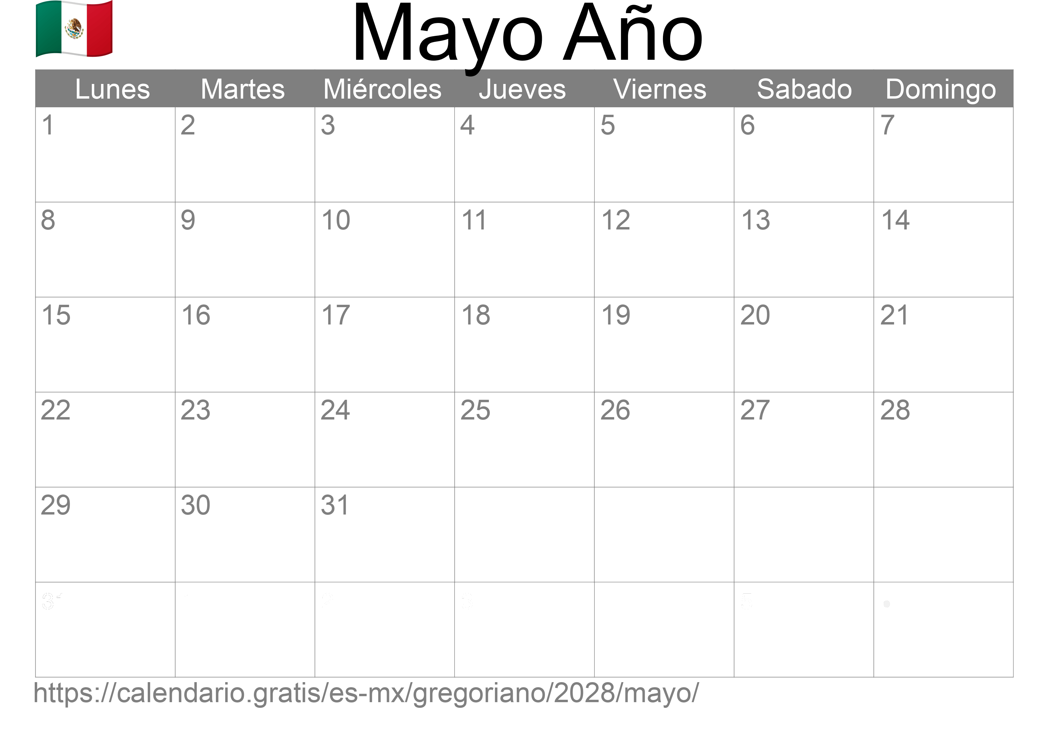 Calendario Mayo 2028 para imprimir