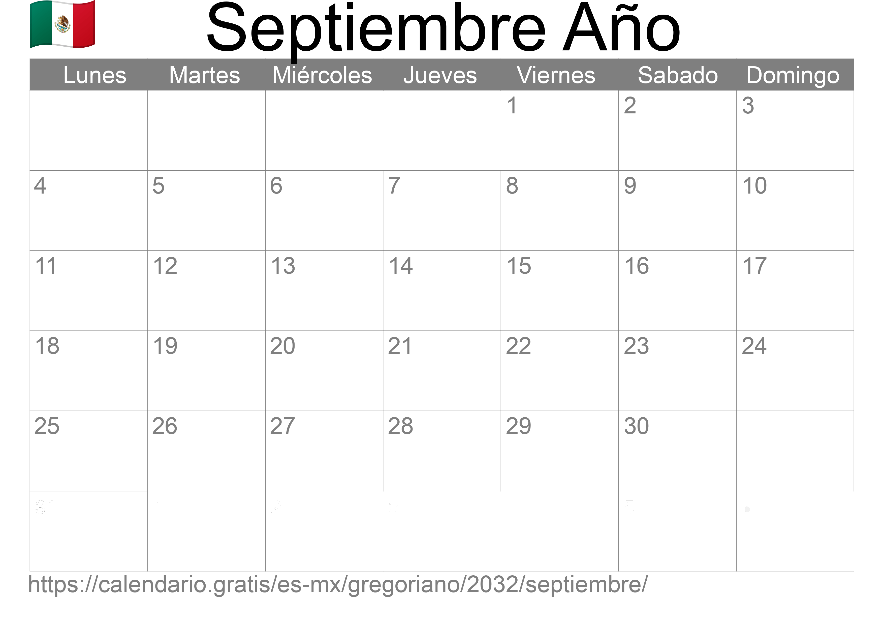 Calendario Septiembre 2032 para imprimir