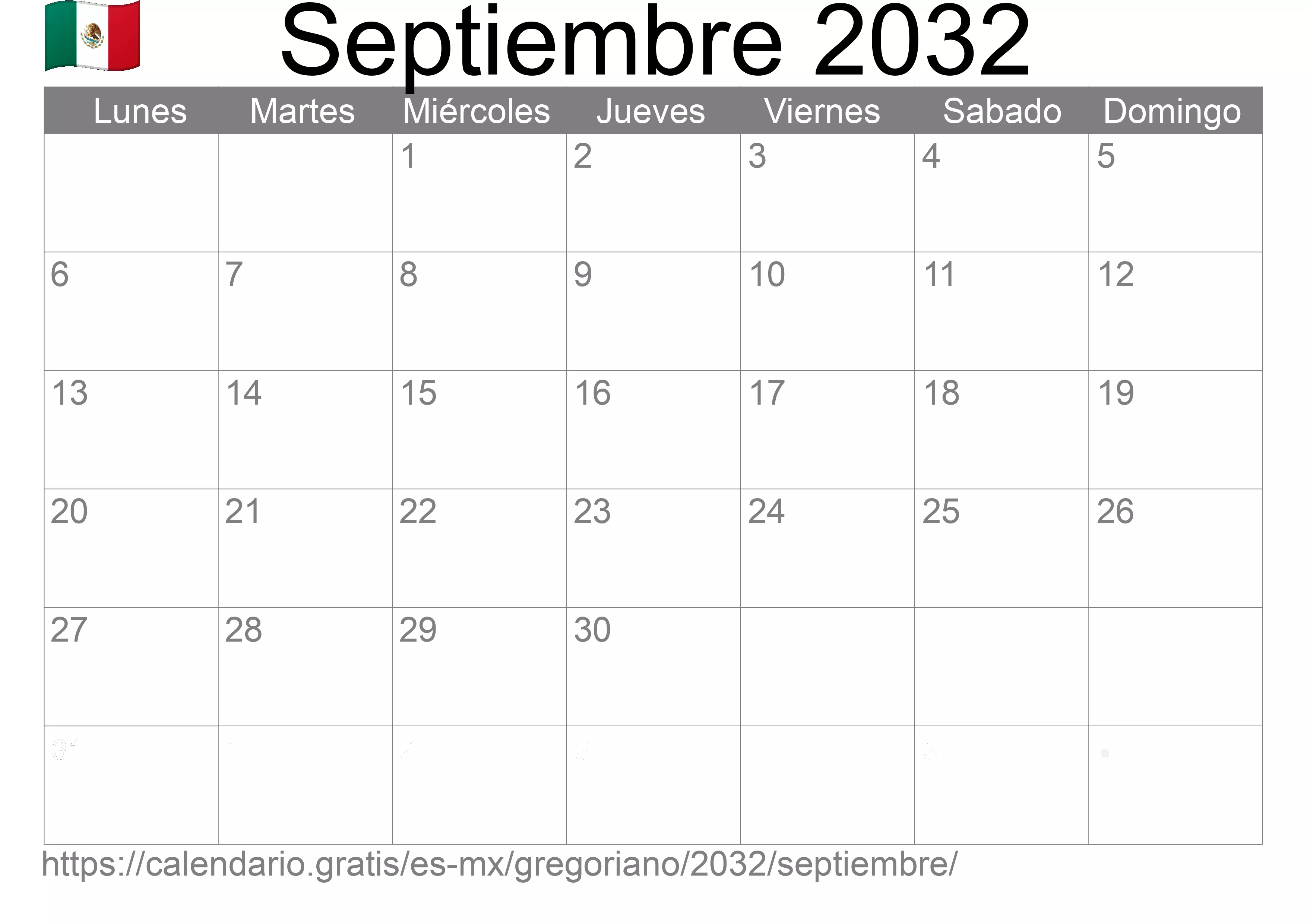 Calendario Septiembre 2032 para imprimir (México)