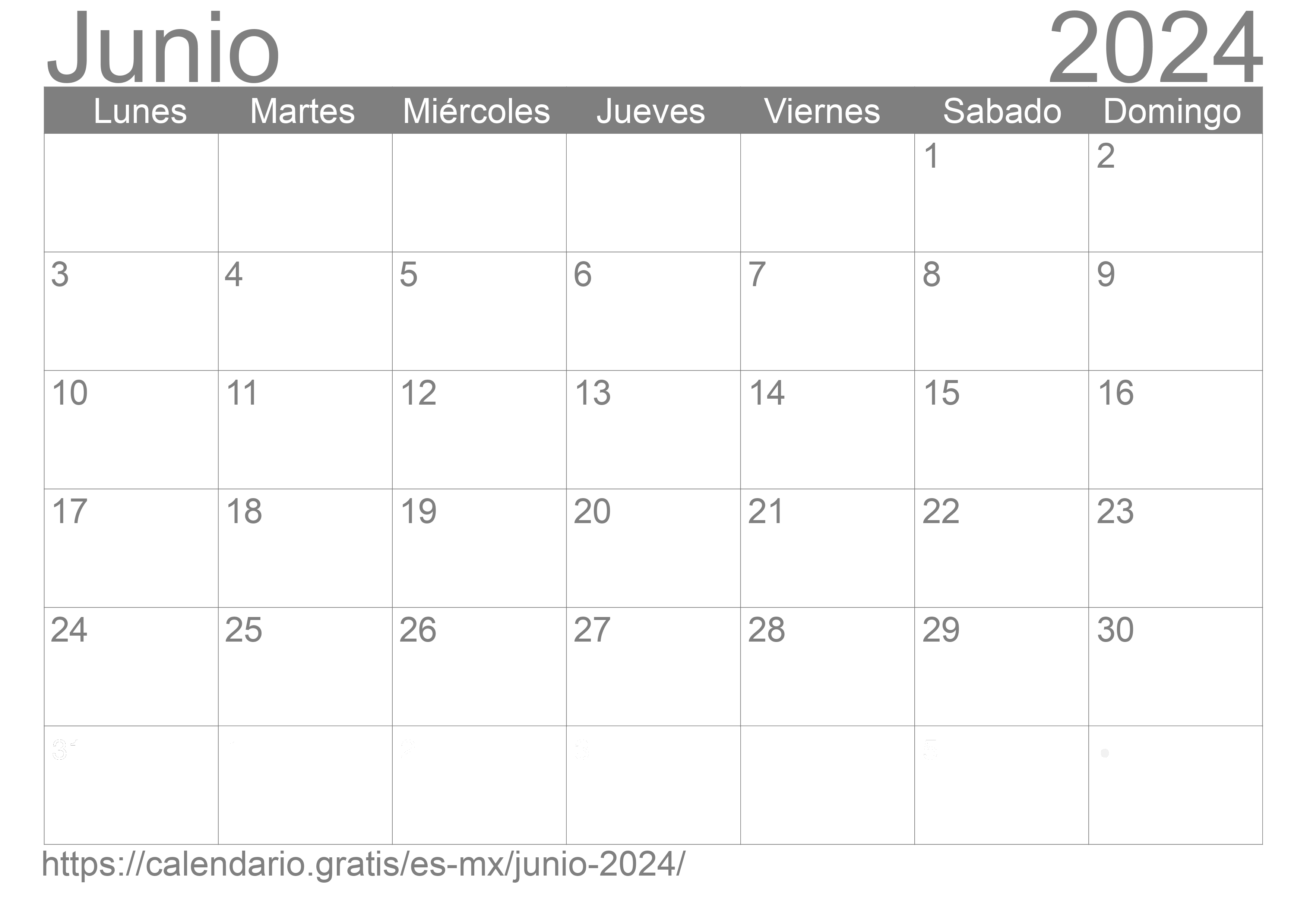Calendario Junio 2024 de México en español ☑️ Calendario.Gratis