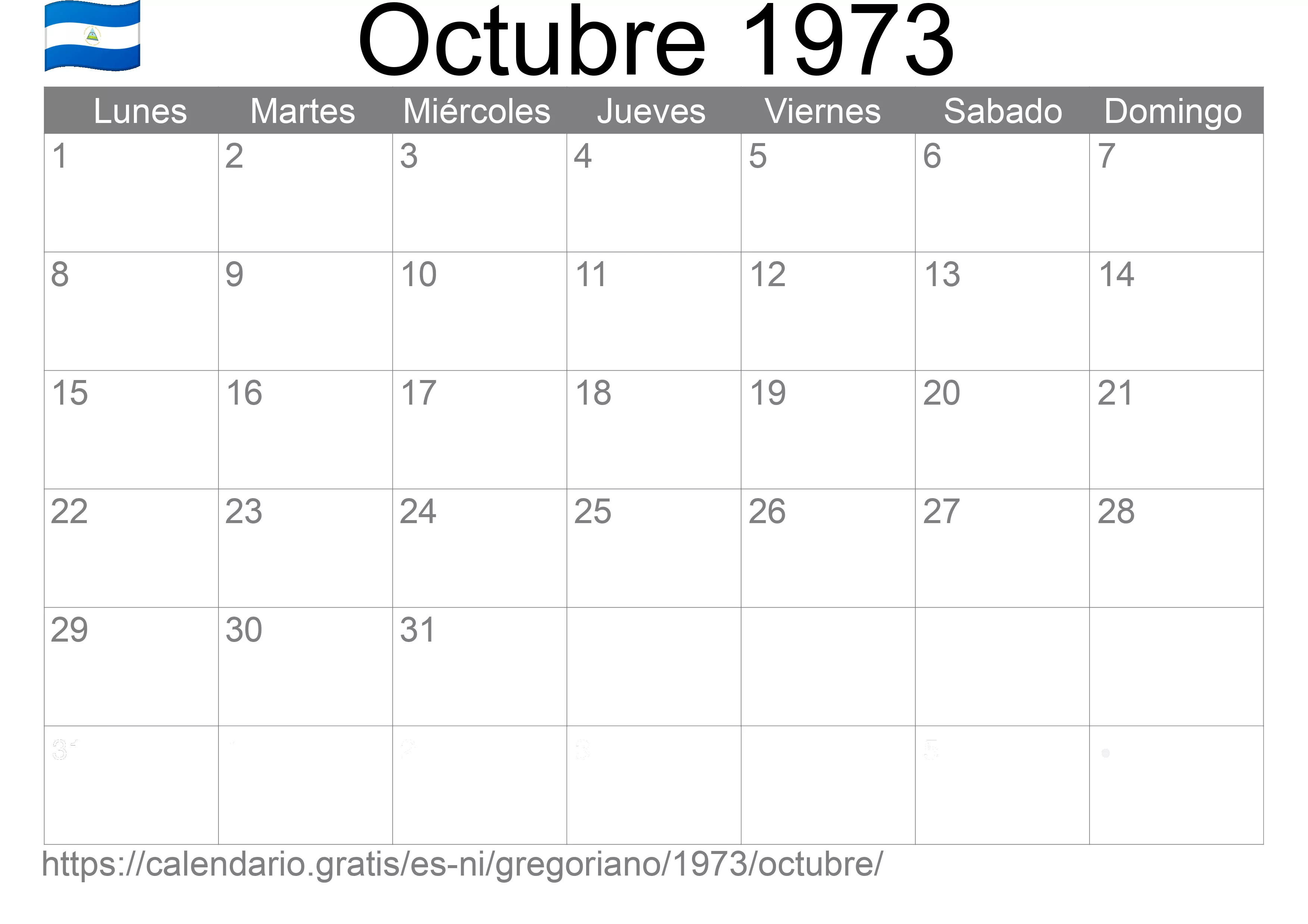 Calendario Octubre 1973 para imprimir (Nicaragua) Calendario Octubre 1973 para imprimir (Nicaragua)