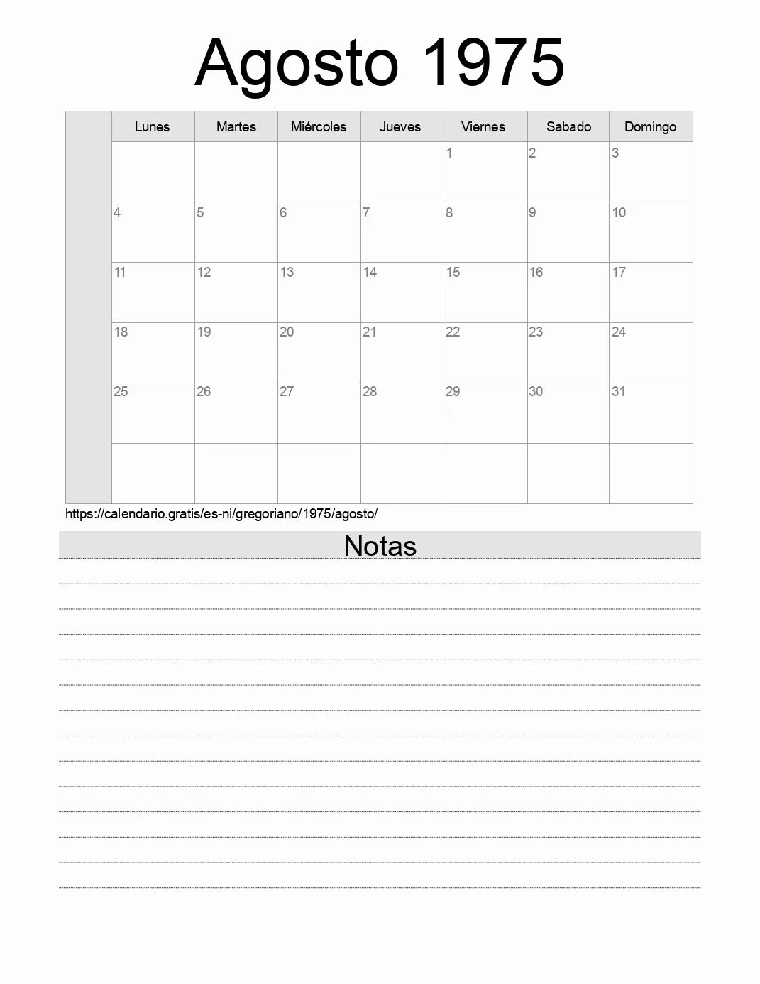 Calendario Agosto 1975 para imprimir con notas. (Nicaragua)