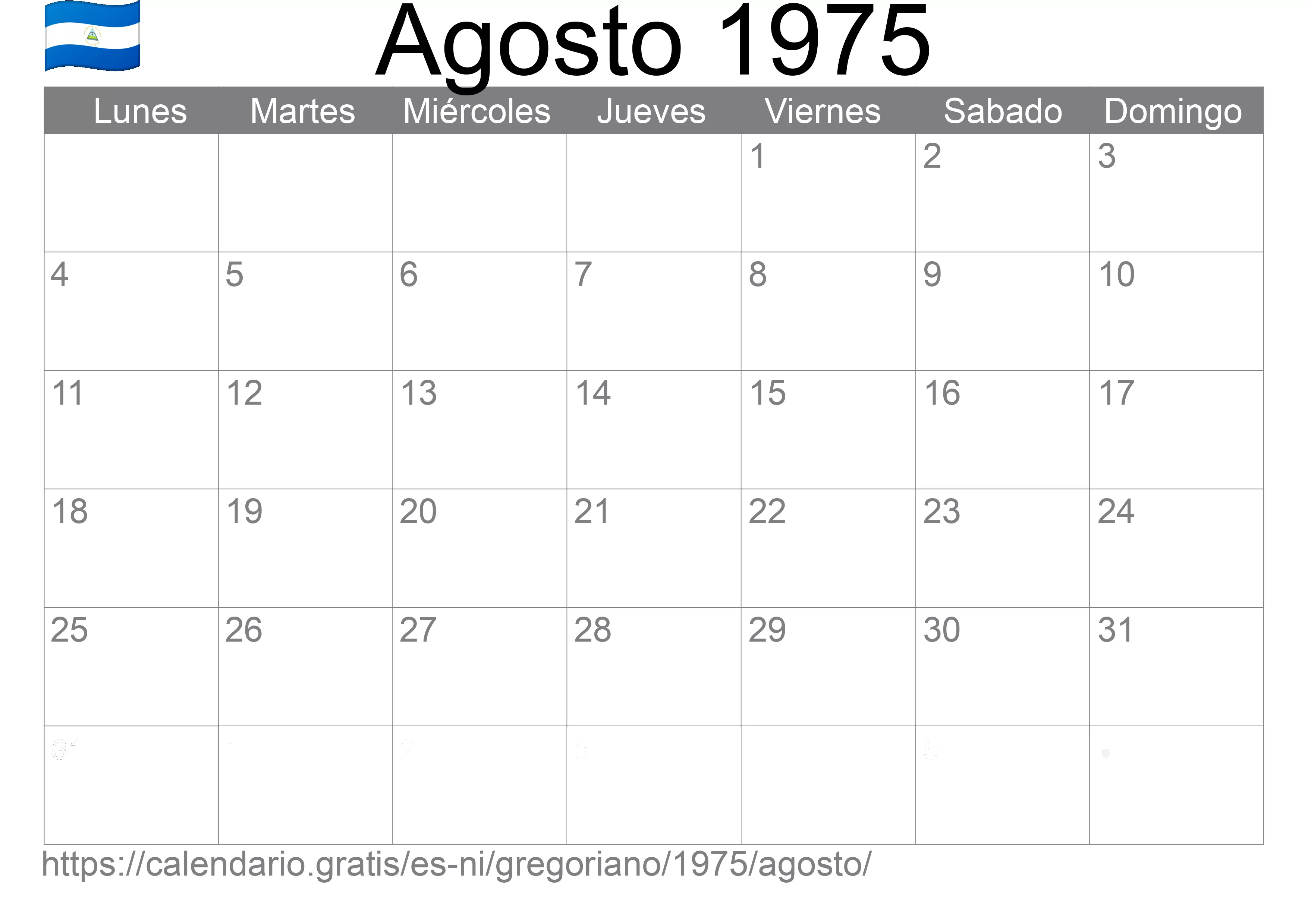 Calendario Agosto 1975 para imprimir (Nicaragua)