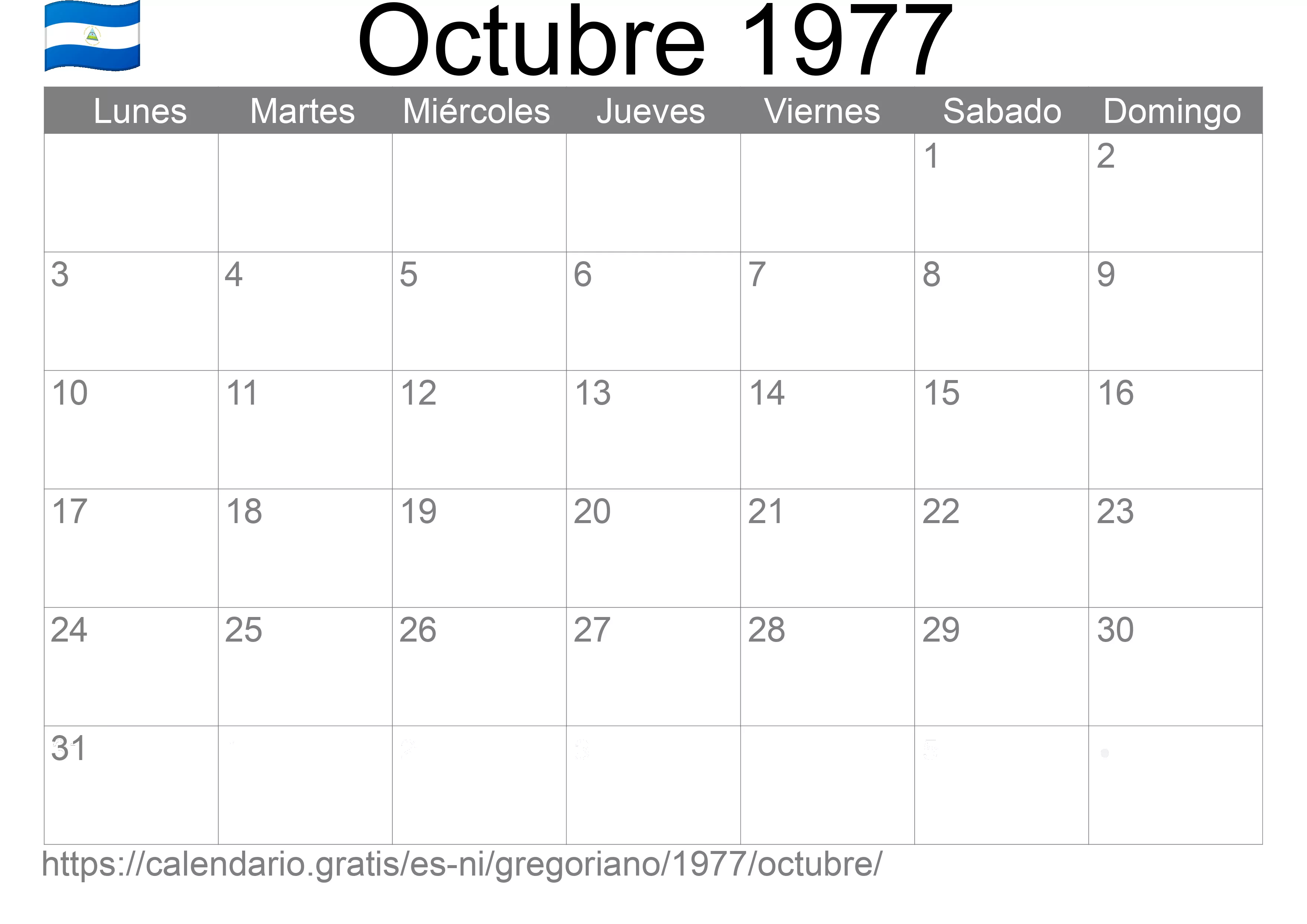 Calendario Octubre 1977 para imprimir (Nicaragua) Calendario Octubre 1977 para imprimir (Nicaragua)