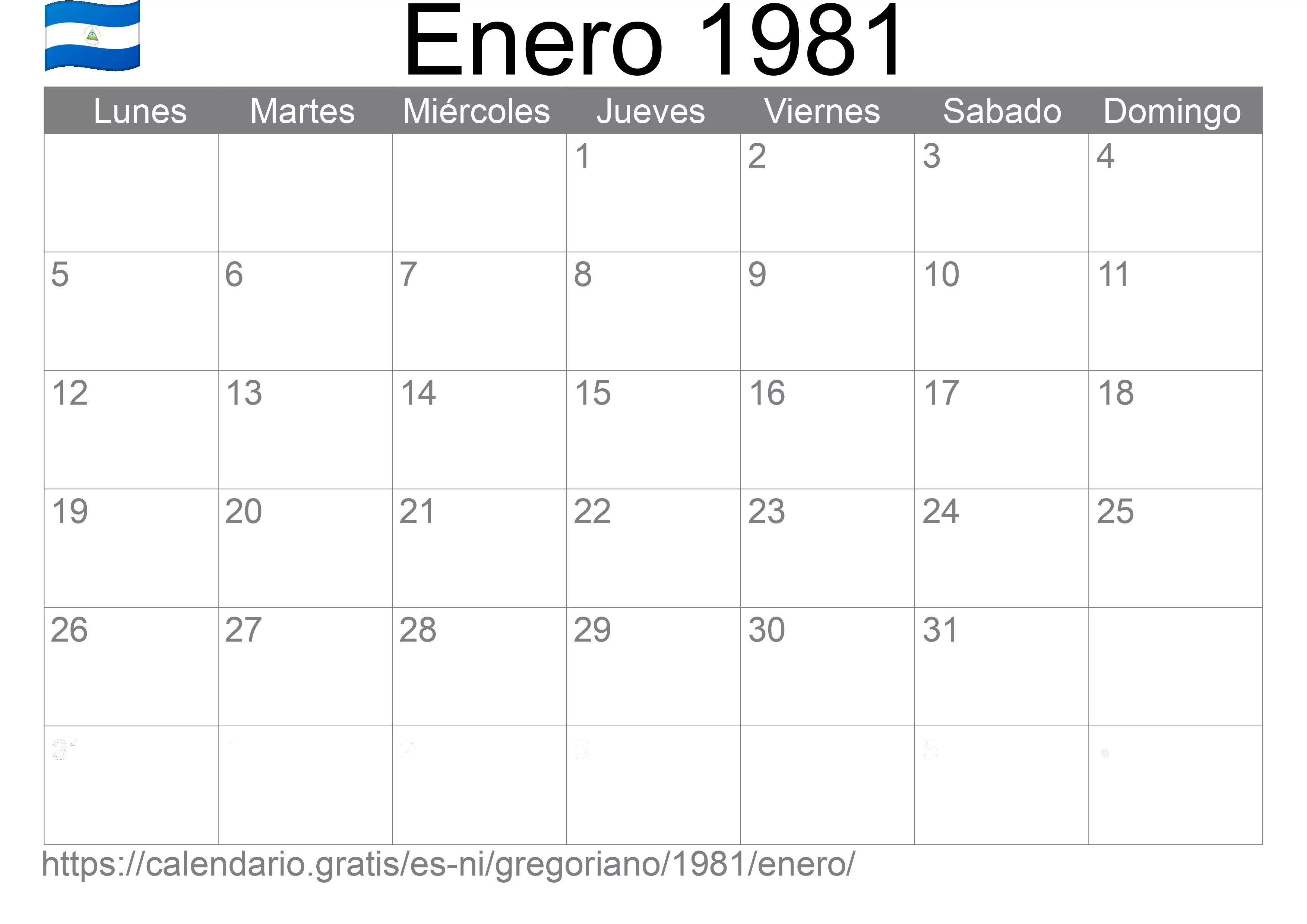 Calendario Enero 1981 para imprimir (Nicaragua)