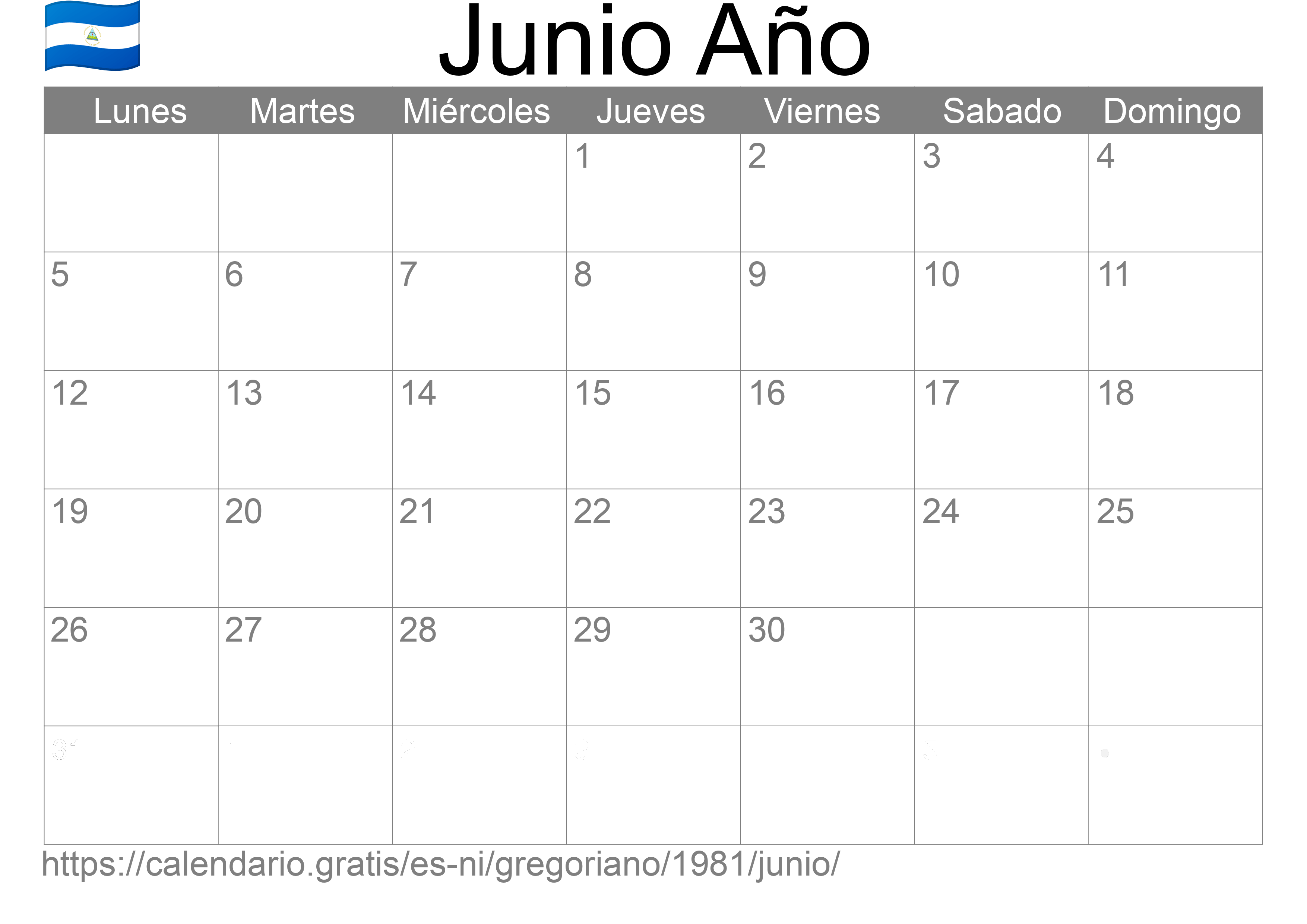 Calendario Junio 1981 para imprimir