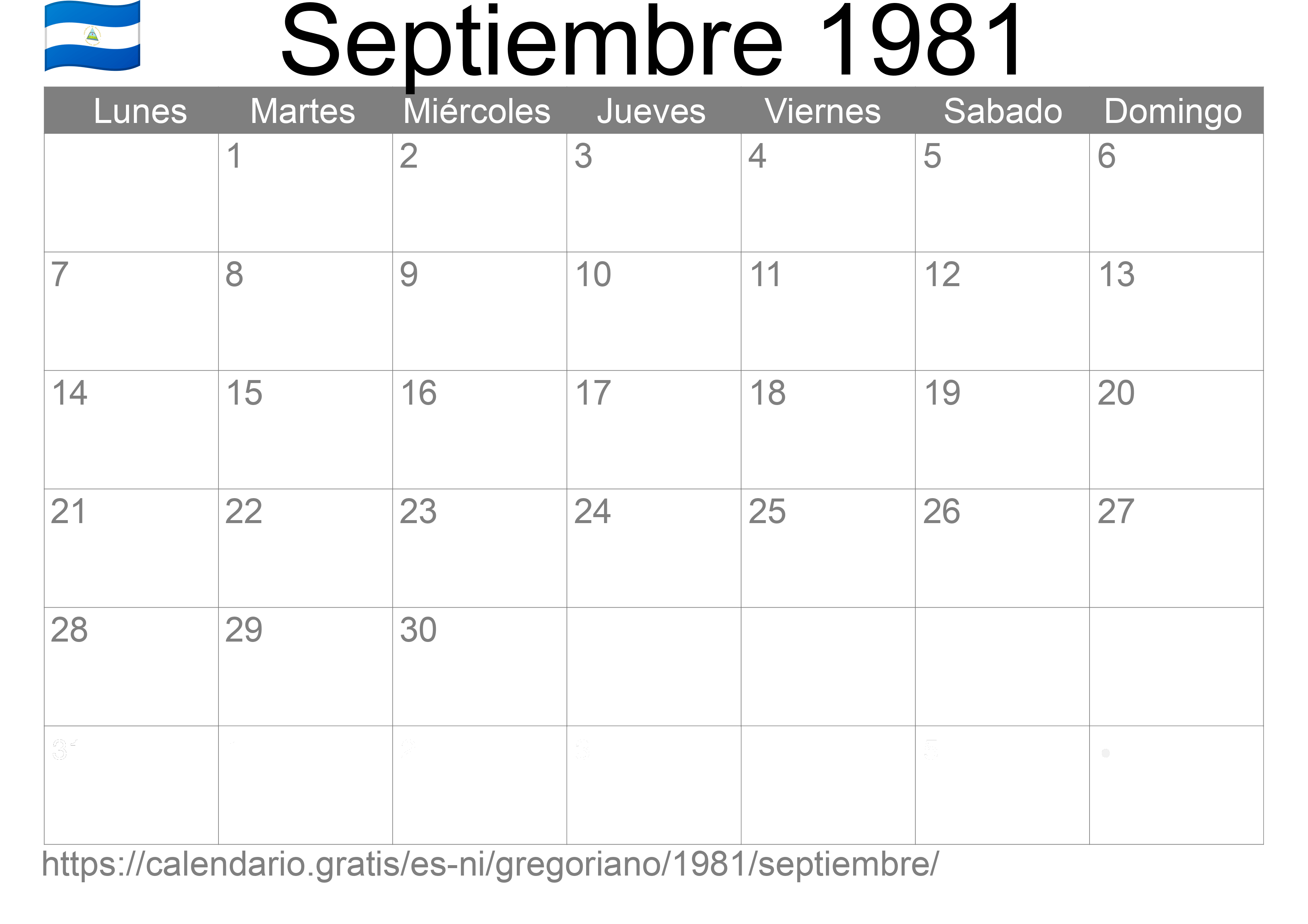 Calendario Septiembre 1981 para imprimir