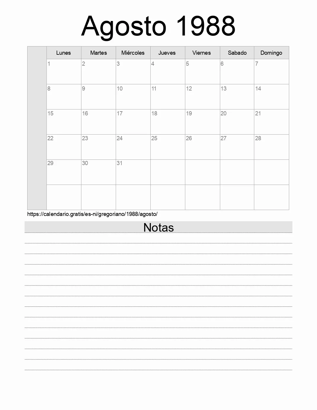 Calendario Agosto 1988 para imprimir con notas. (Nicaragua)