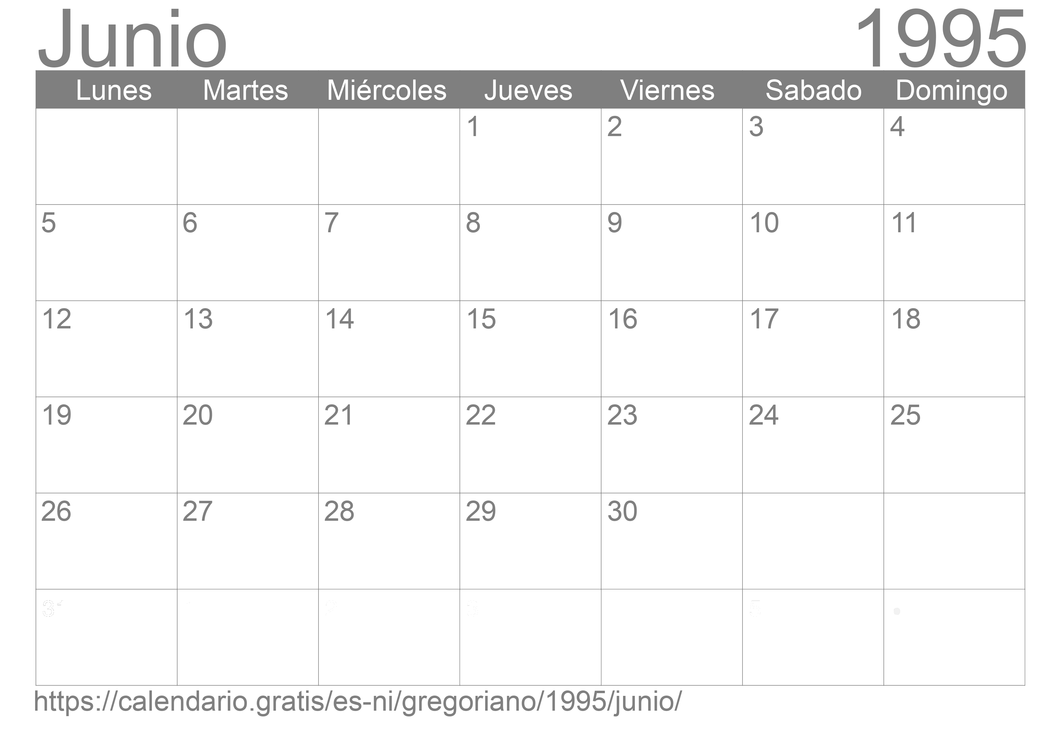 Calendario Junio 1995 para imprimir